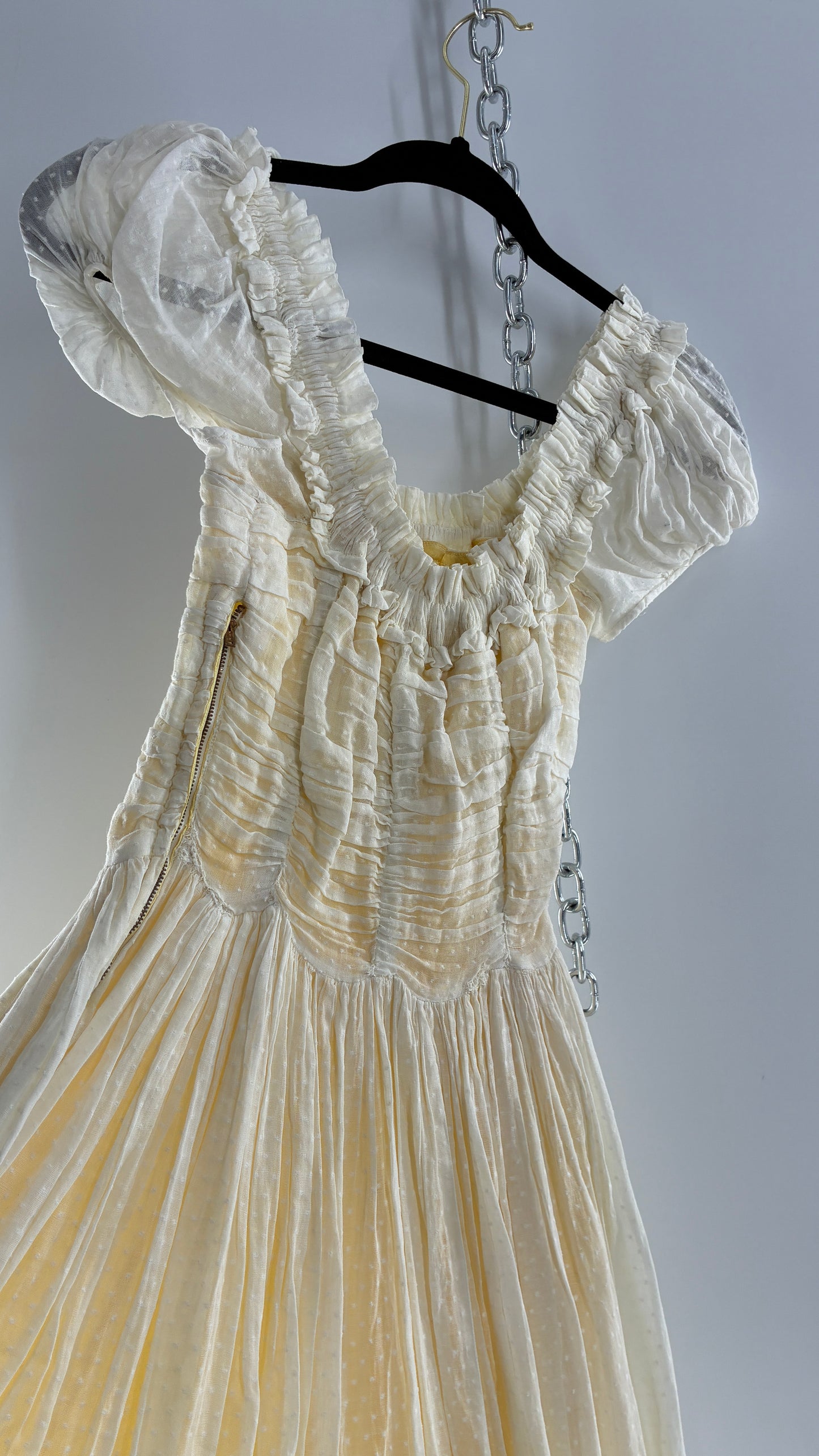 Vintage 1970s Off White Cotton Handmade Maxi Dress with Ruched Bodice, Puff Sleeves, and Polka Dot Texture (XS/S)