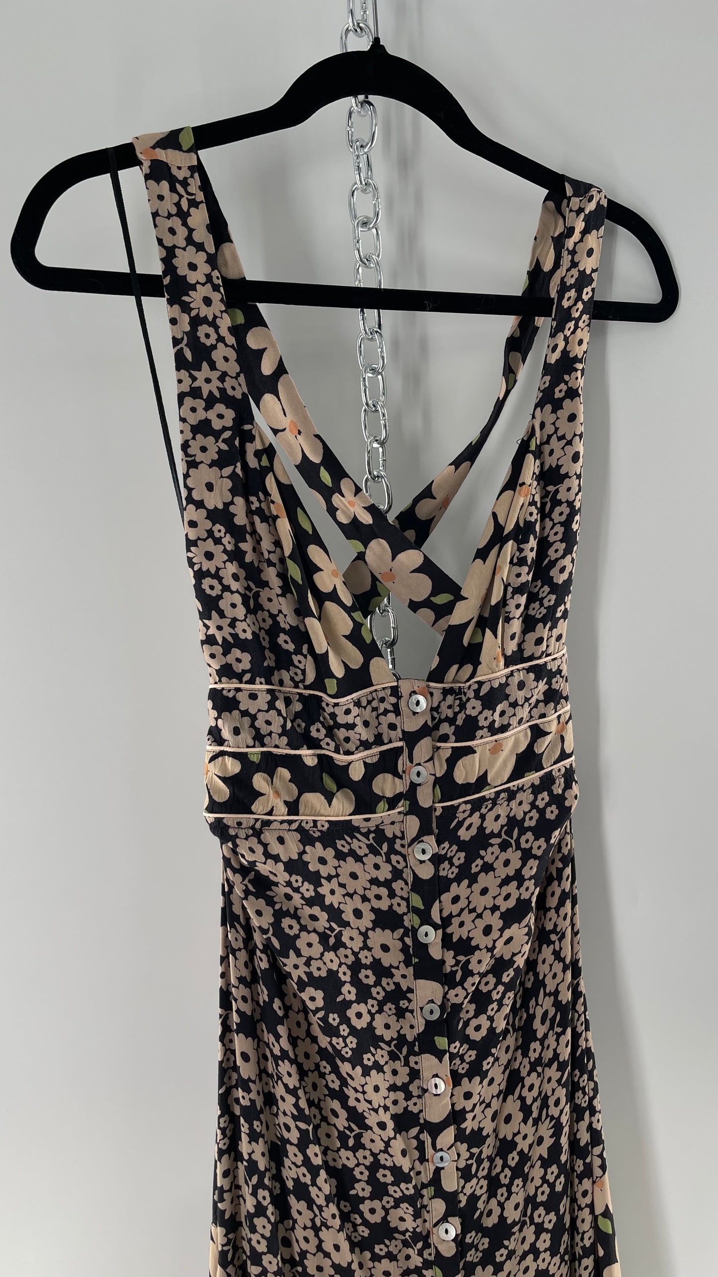 Free People Daisy Mixed Pattern Black/Beige Button Front Full Length Dress (XS)