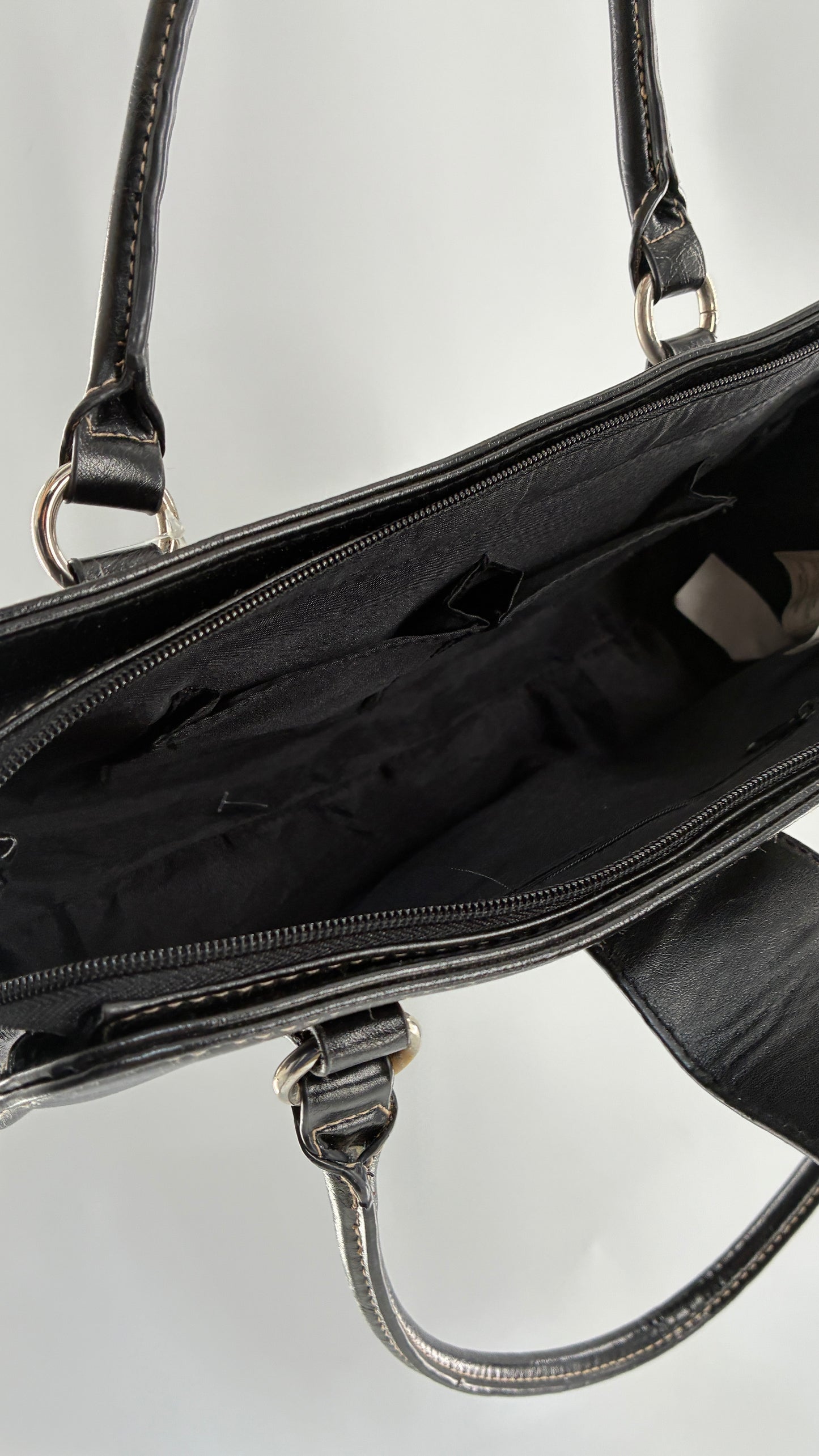 Deadstock Vintage MINICCI Black Shoulder Bag With Silver Hardware, Exaggerated Stitching