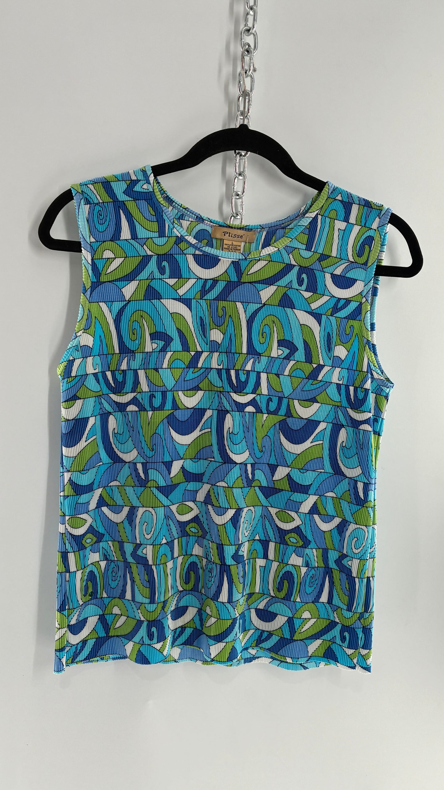 Vintage PLISSÉ Abstract Blue and Green Crimped Camisole (Large)