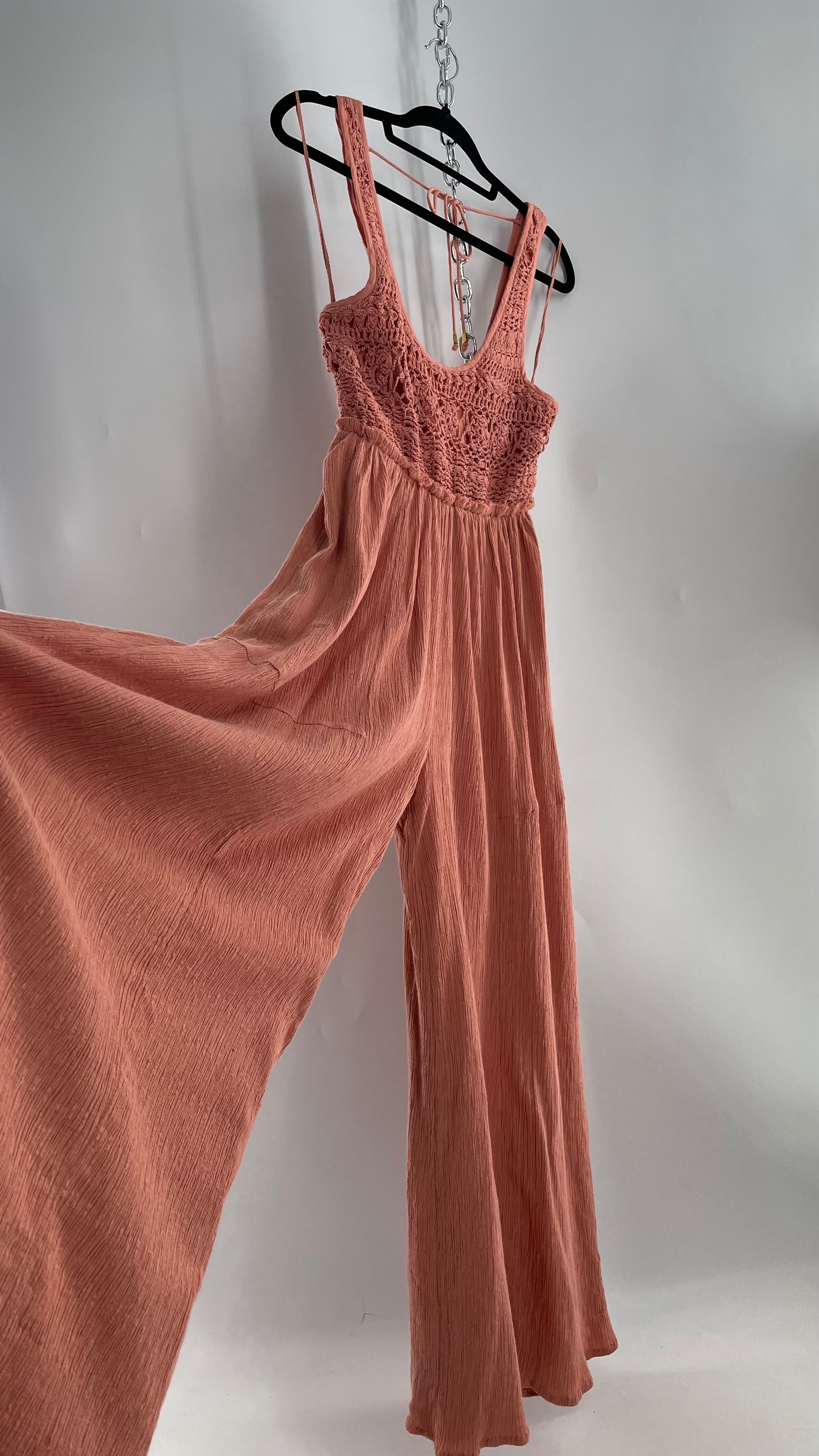 Free People Rose/Peach Pink Wide Leg Jumpsuit with Crochet Bust and Tags Attached (XS)