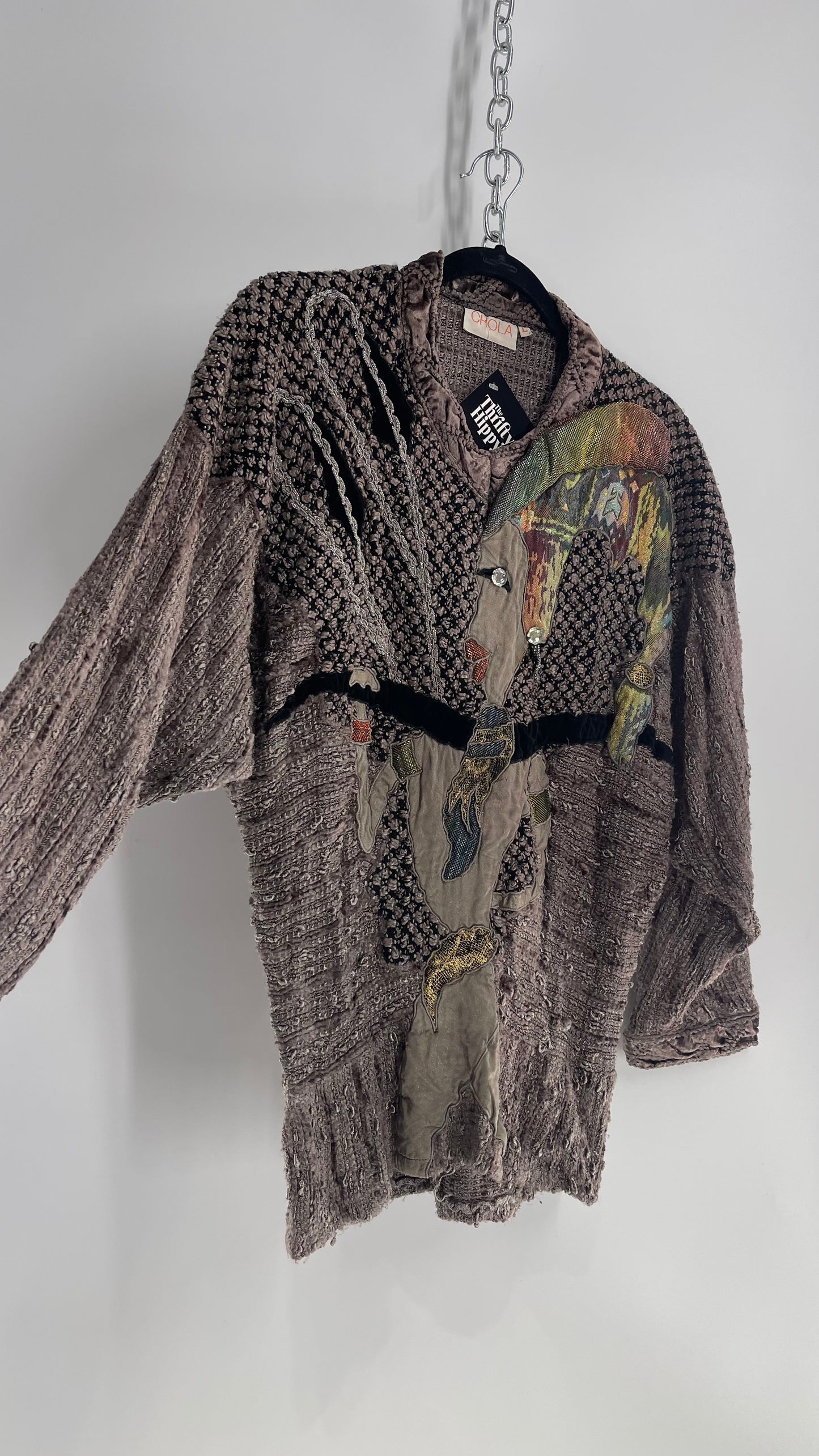 Vintage CHOLA Grey 1980s Patchwork Sweater (Large)