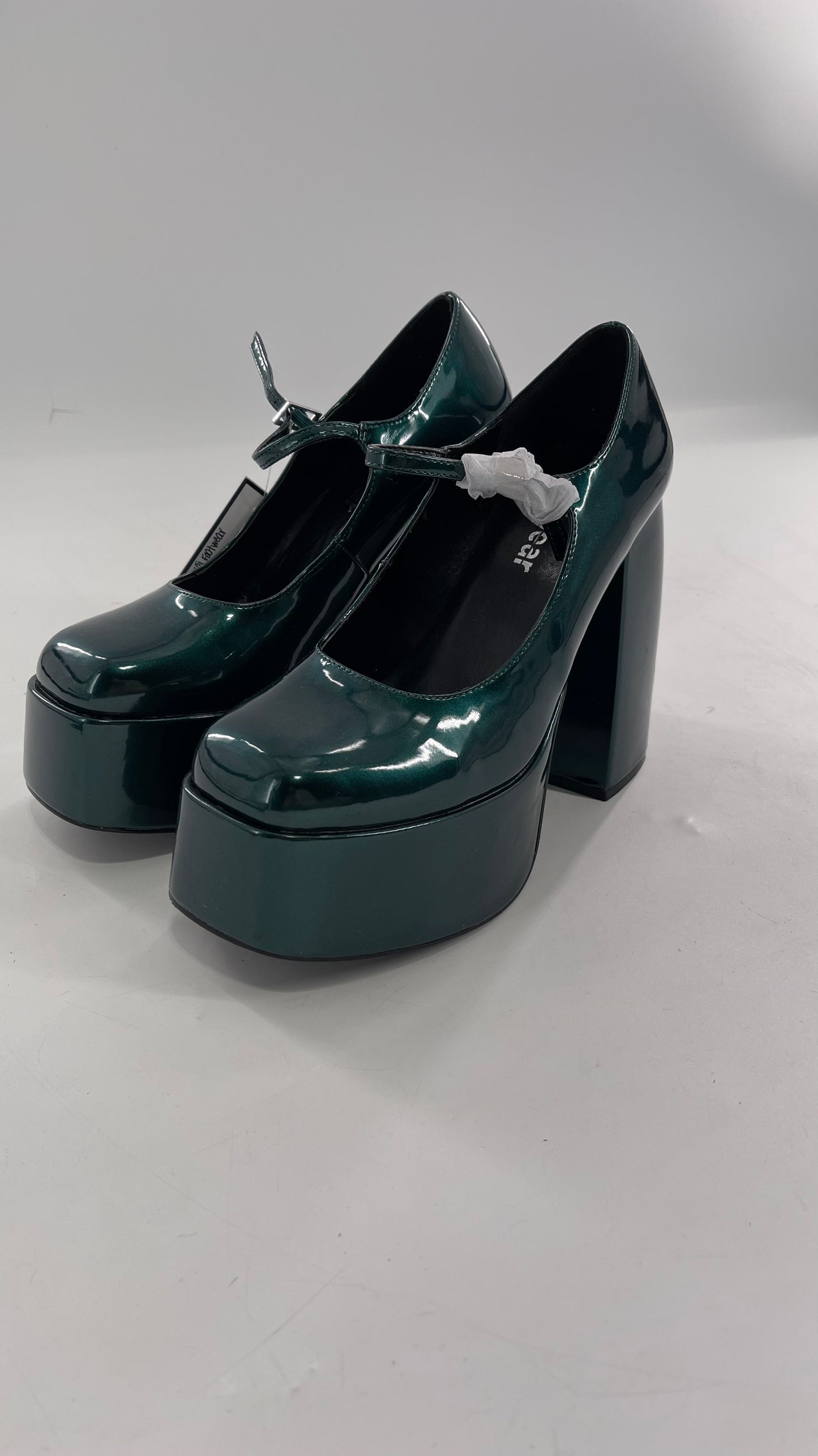 KOI FOOTWEAR Patent Emerald Green Platform Chunky Heel Mary Janes (9/39)