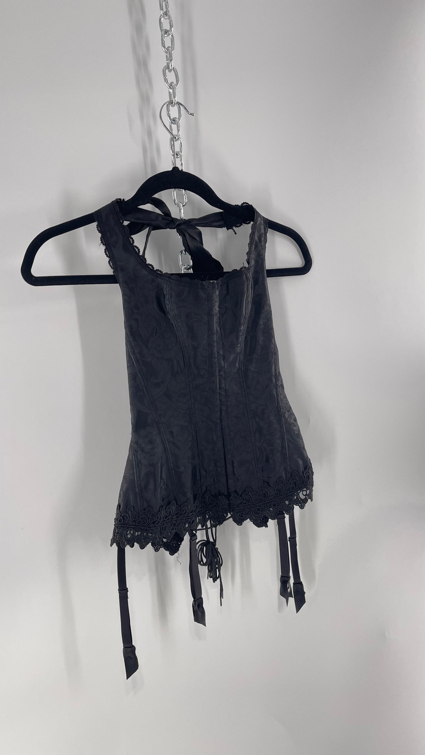 Vintage Fredericks of Hollywood Black Satin Brocade Lace Corset with Lace Tie Halter (32)