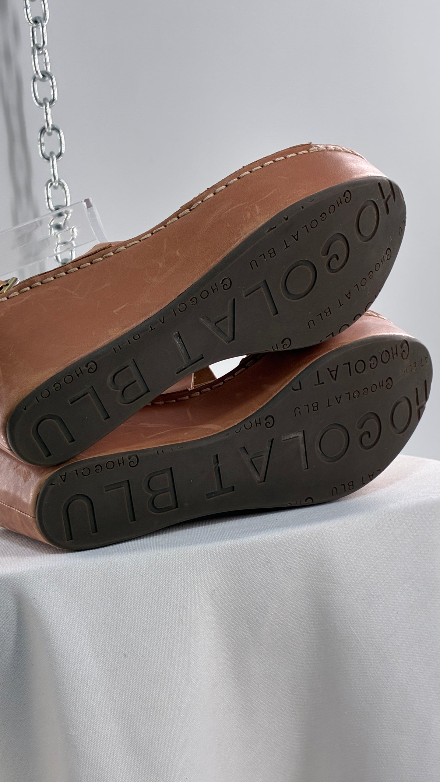 Chocolat Blu Tan Genuine Leather Wedge Platform Sandals (8.5)