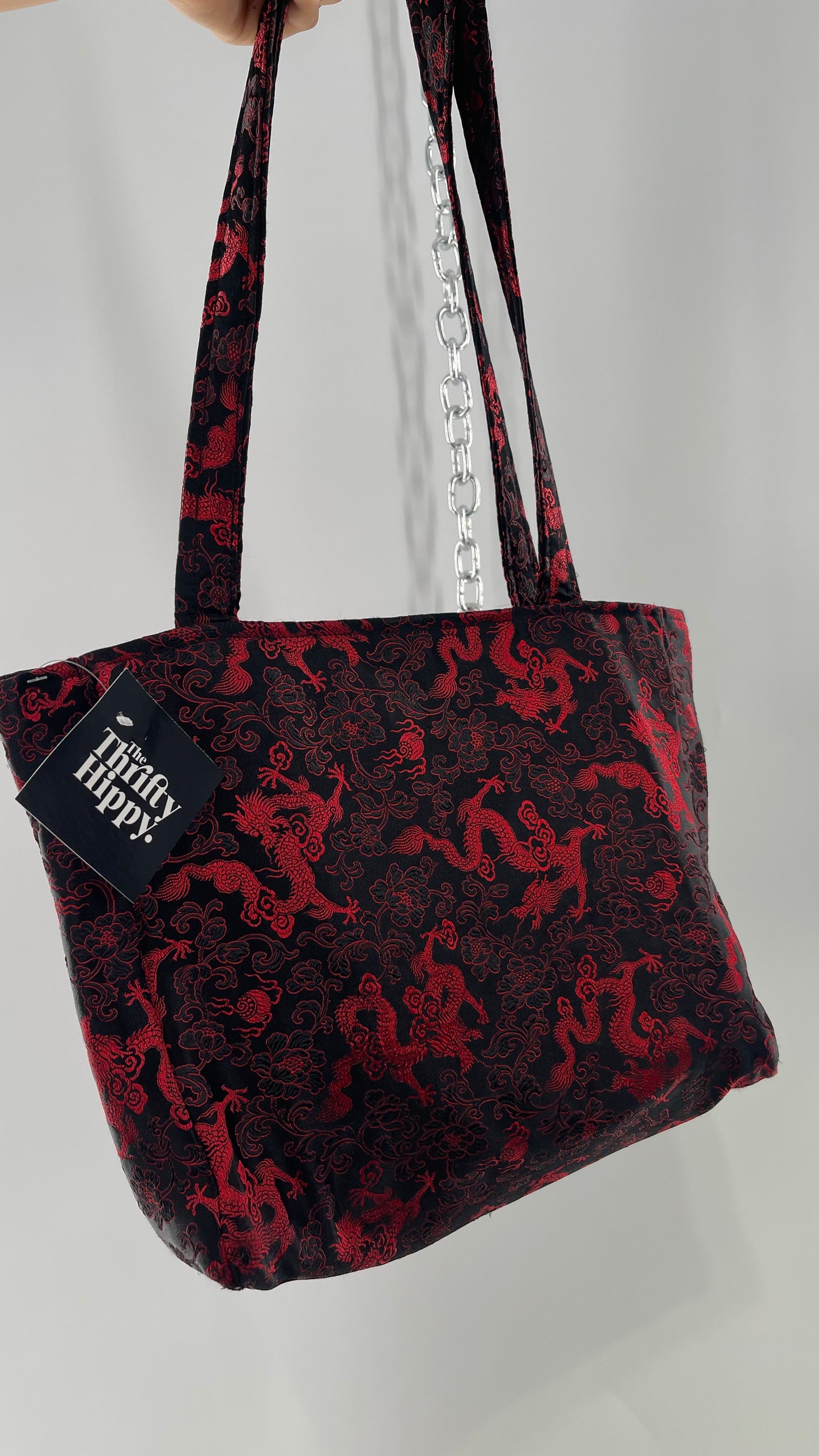 Vintage Black Satin/Silky Tote with Red Dragon/Floral Embroidery