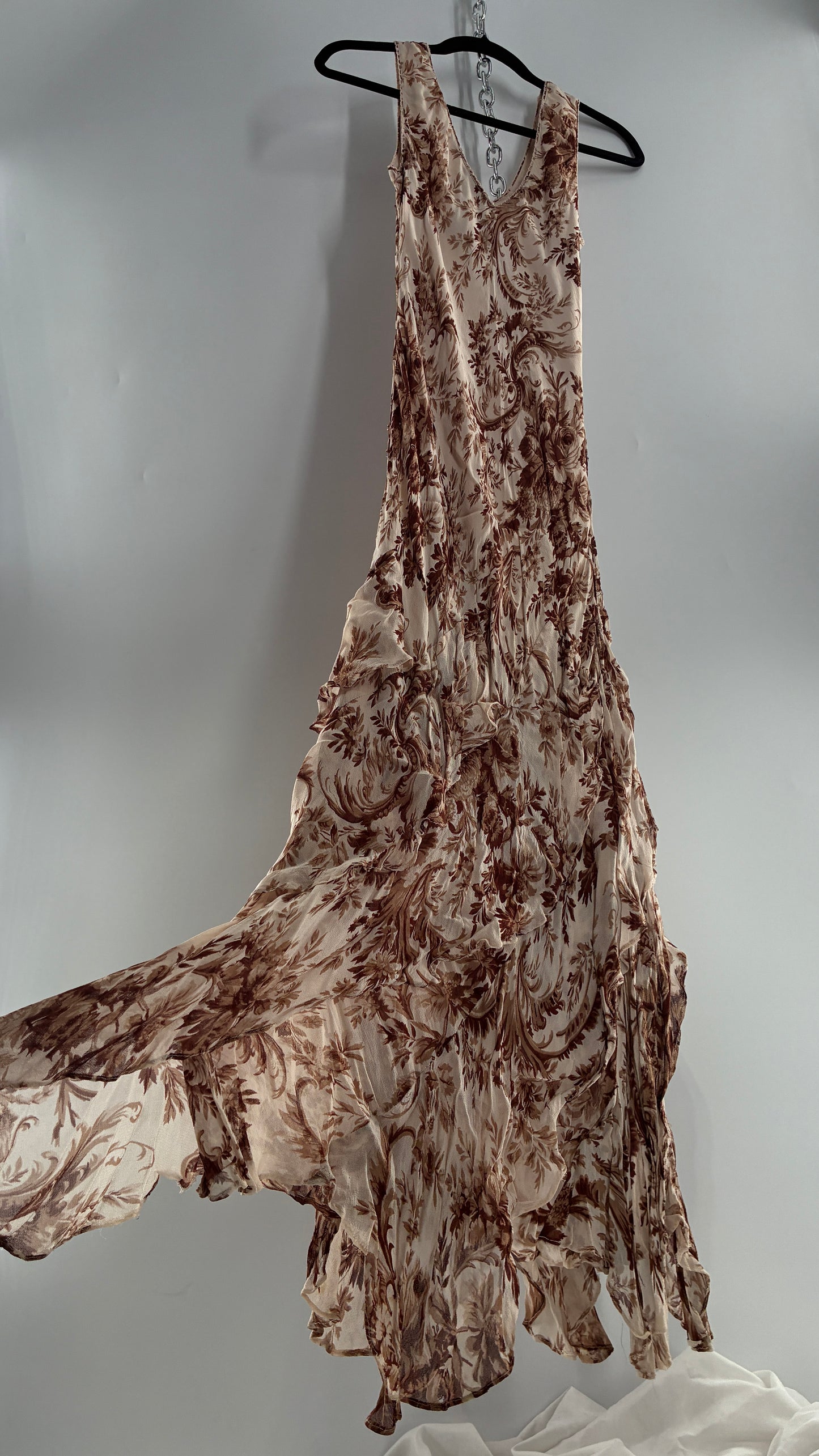 Vintage MAJICK 1990s Brown Floral, Asymmetric Ruffled Hem Gown with Embroidered Sequin Details (Medium)