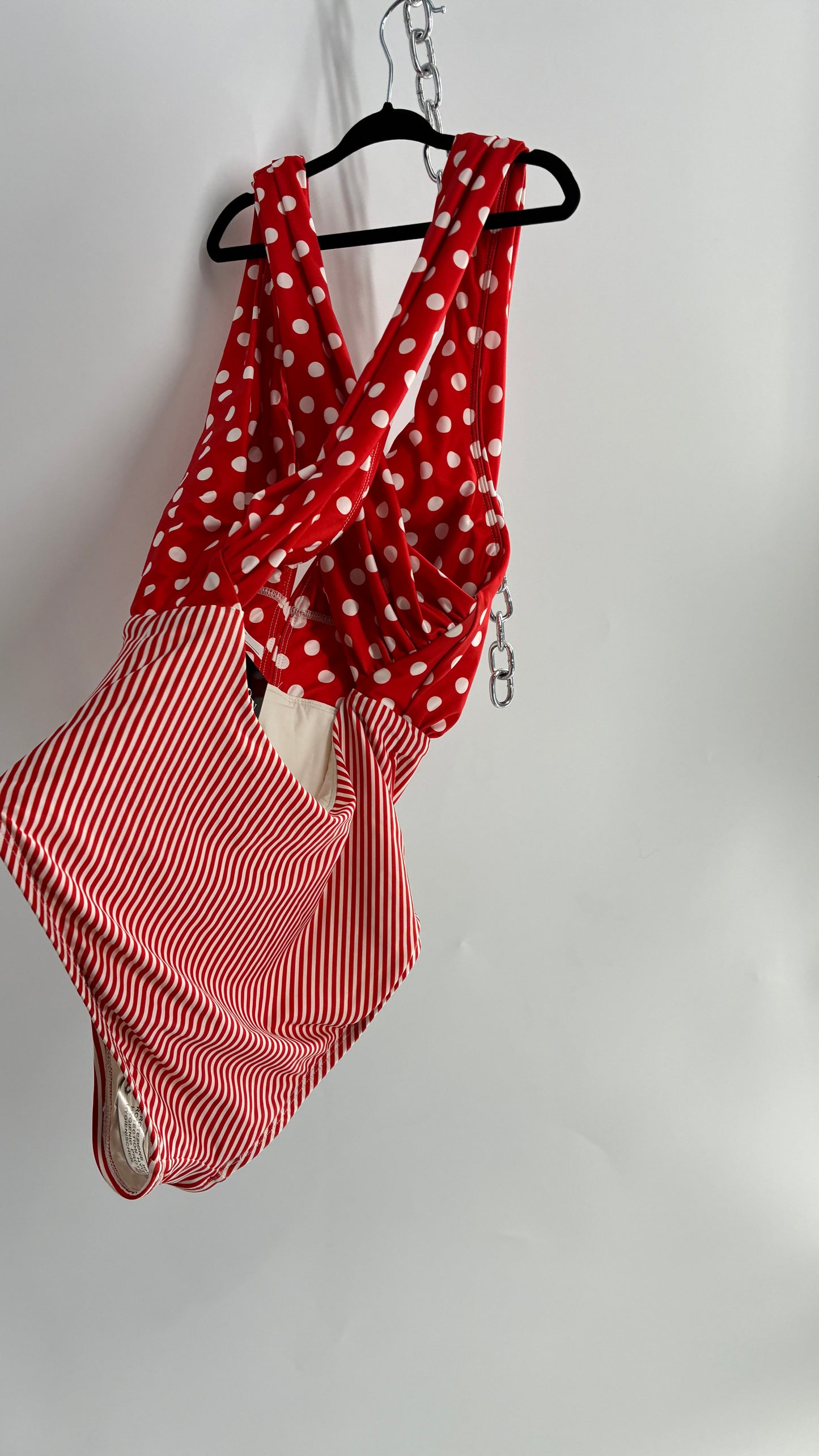 ALLIHOP Anthropologie Red and White Retro Thick Striped and Polka Dotted Bikini with Open Criss Cross Back (Small)