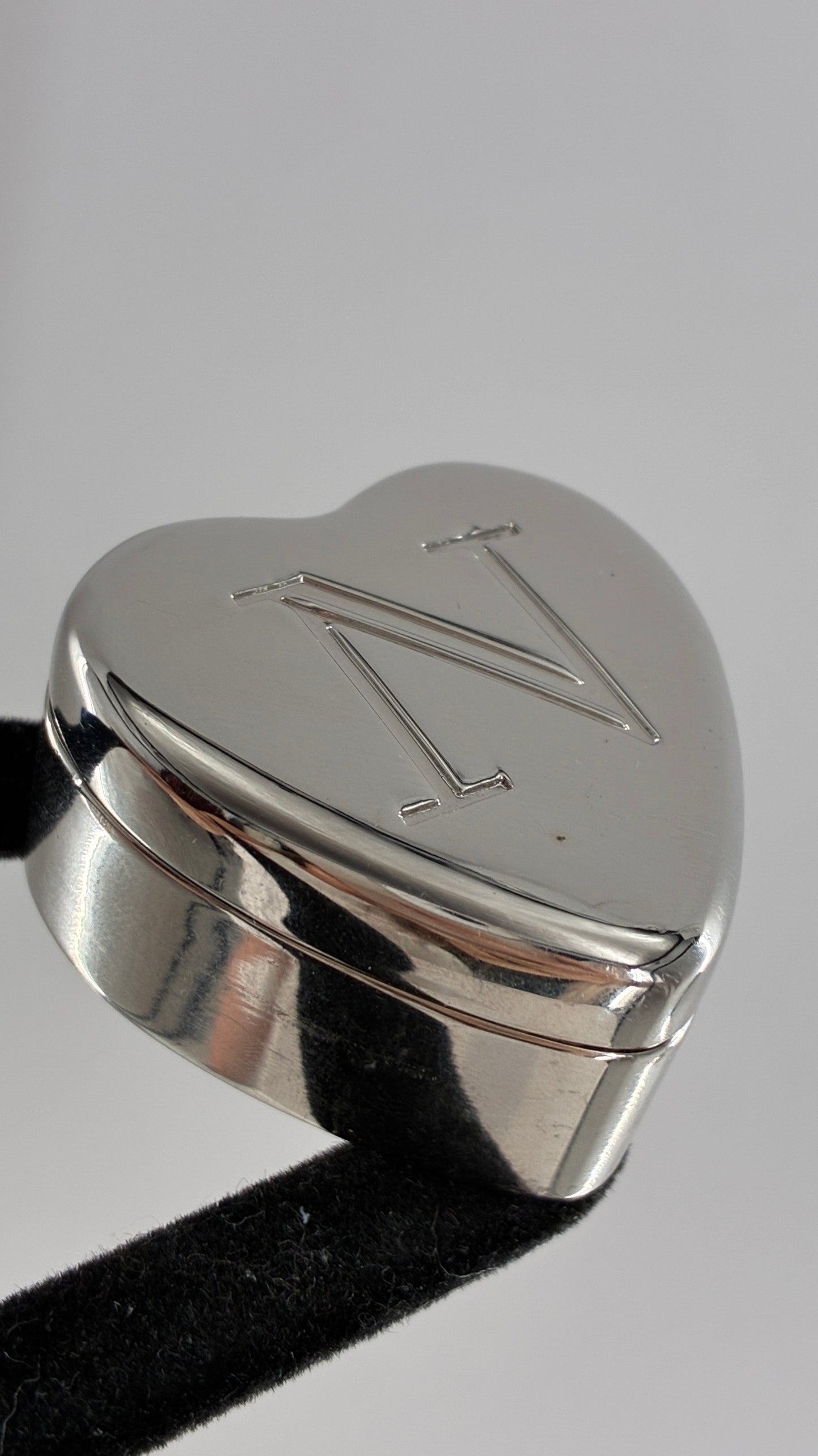 Vintage Mongram “N” Engraved Heart Shaped Silver Ring Box