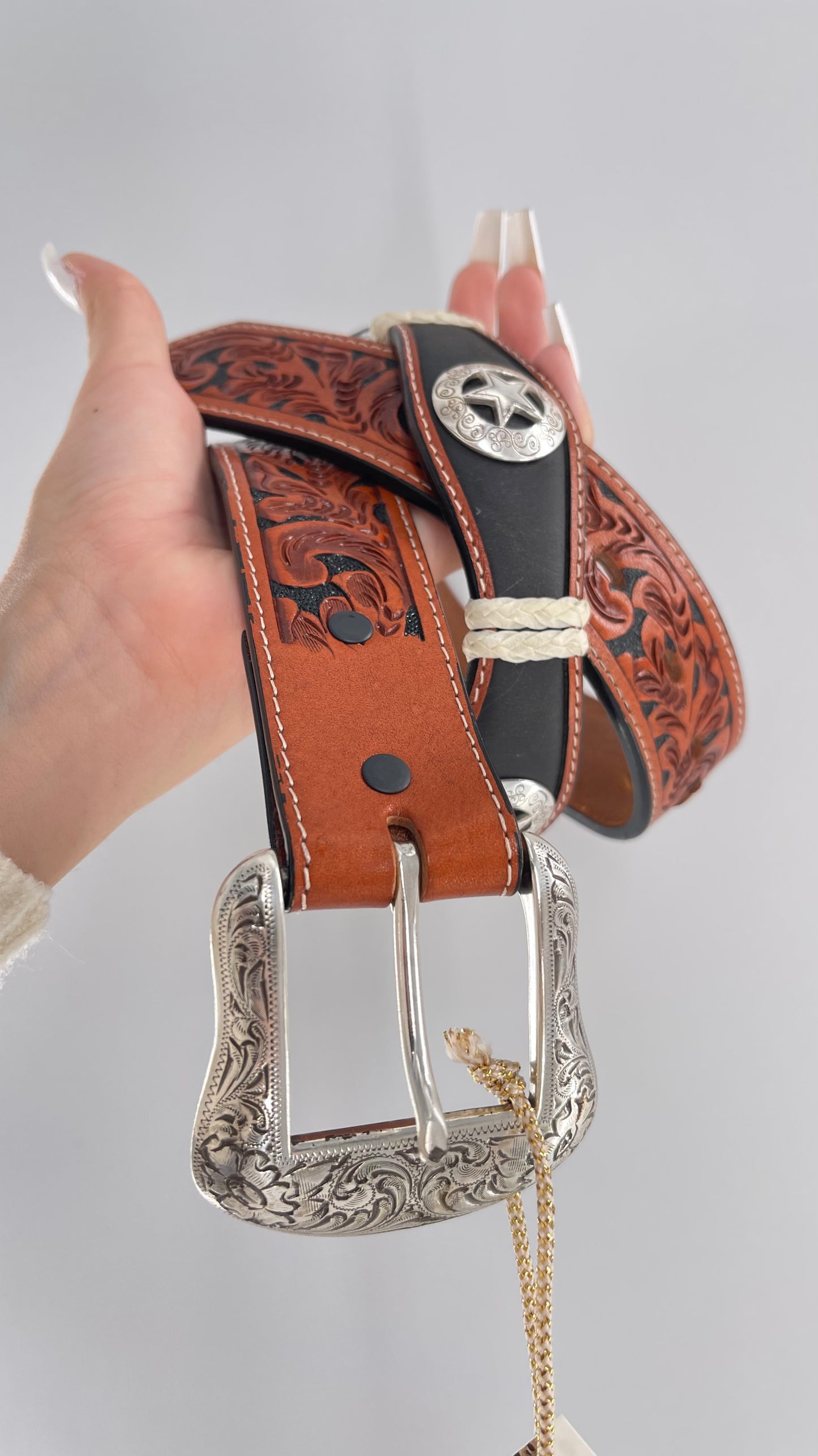 Vintage Ranger Belt Company Genuine Handtooled Leather Metal Stars Embellishments (36)
