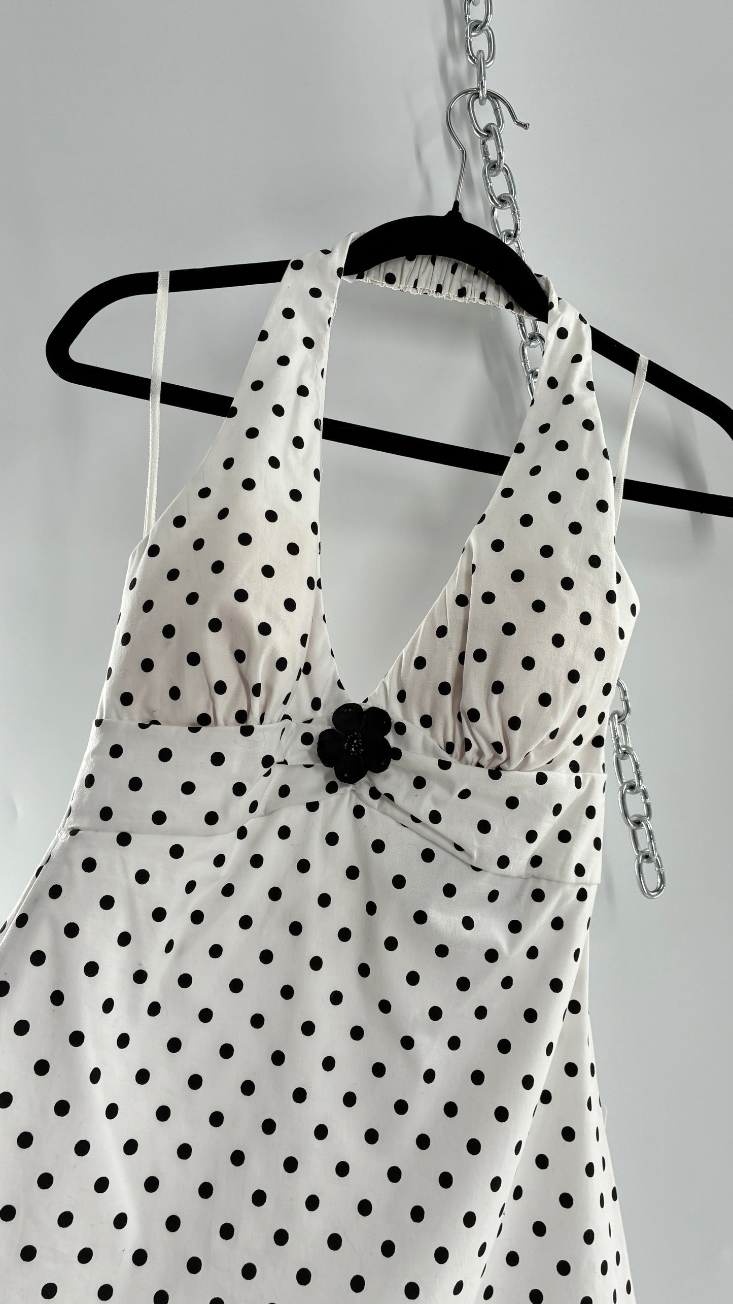 Deadstock Vintage Ruby Rox Retro Style White and Black Polka Dotted Mini Dress with Tulle Trim (7)