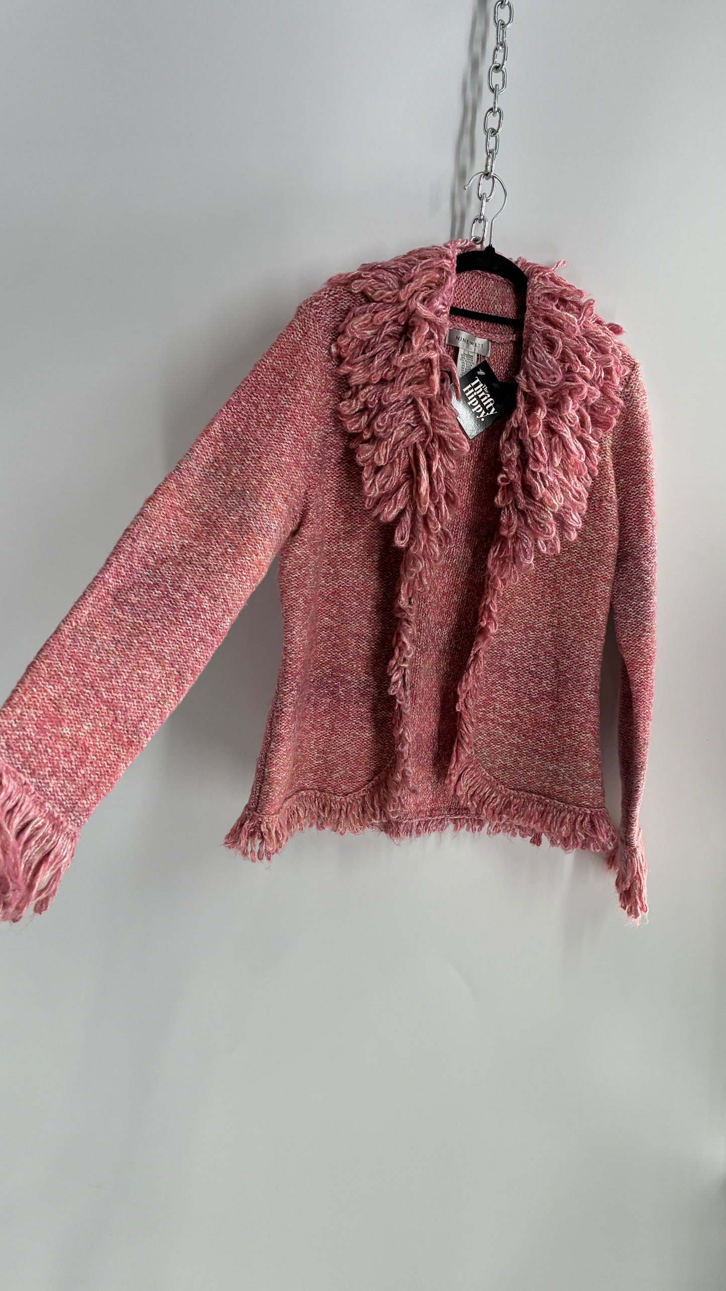 Nine West Pink Knit Cardigan Jacket with Exaggerated Fringe Collar and Cuffs (Large)