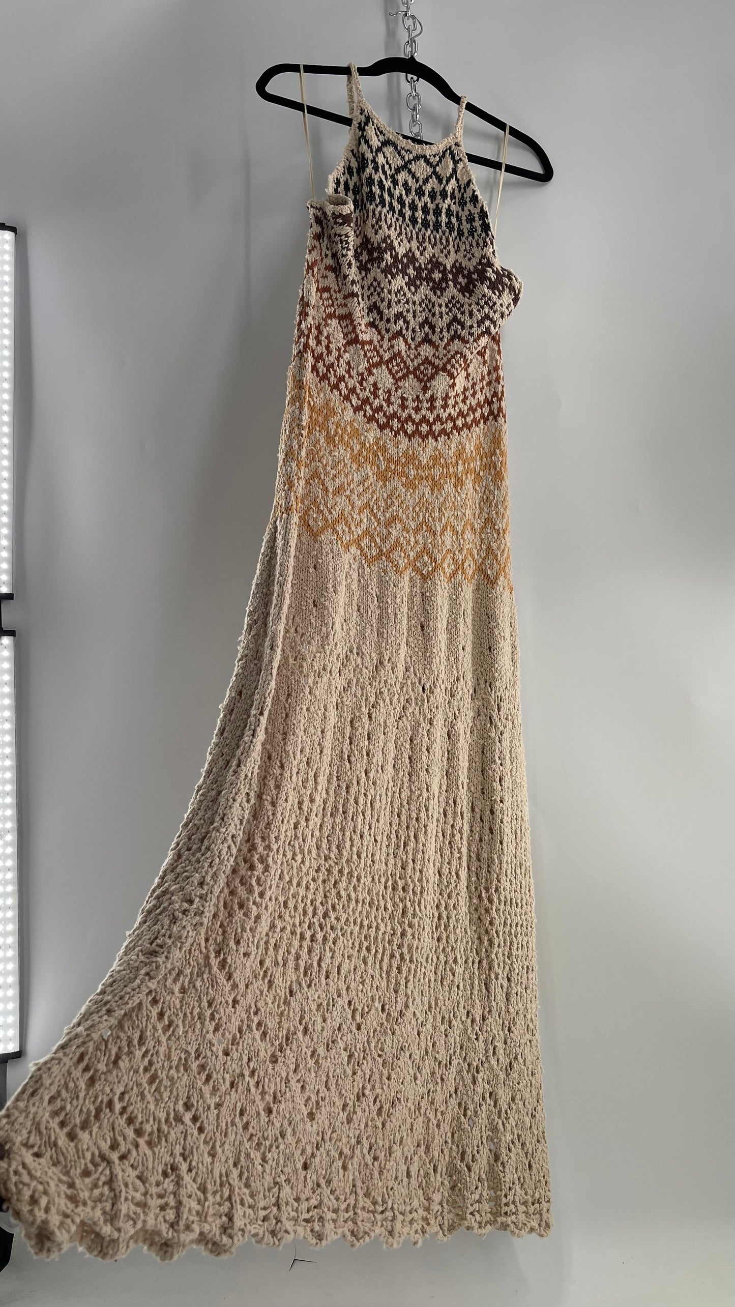 Free People Beige Ikat Oasis Knit Halter Maxi Dress (Small)