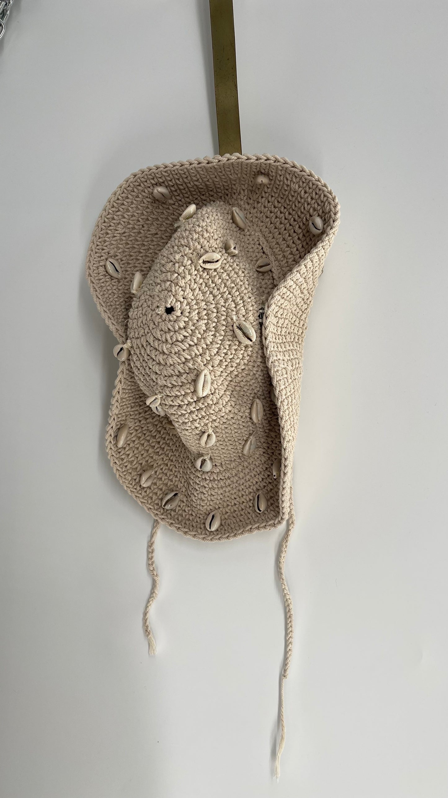 Heavy Knit Crochet Off White Sun Hat with Sewn On Shells and Button Sides