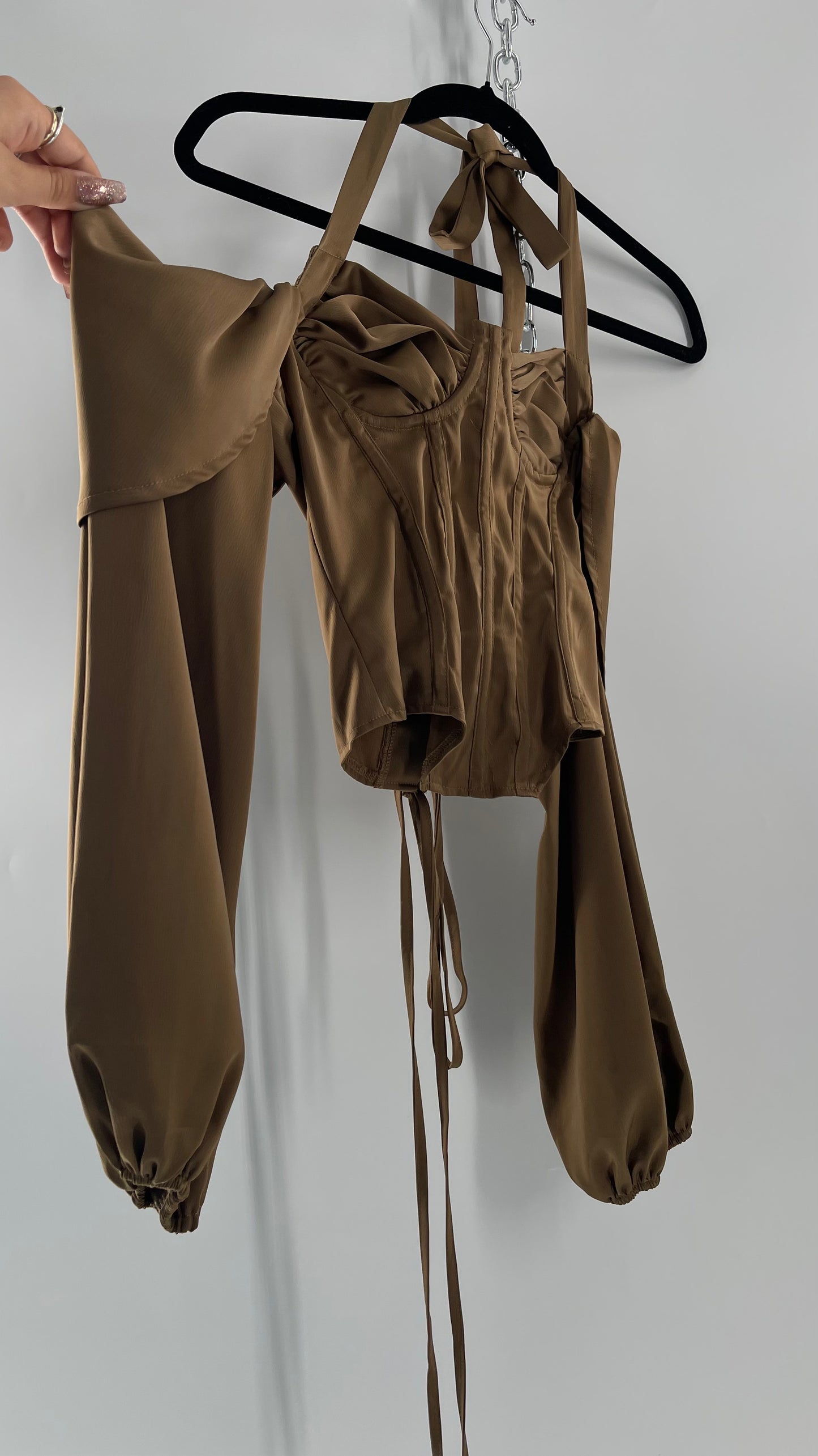 Pretty Little Thing Tan/Gold Corset Blouse with Draped Shoulders, Balloon Sleeves, Halter Strap and Lace Up Back (4)