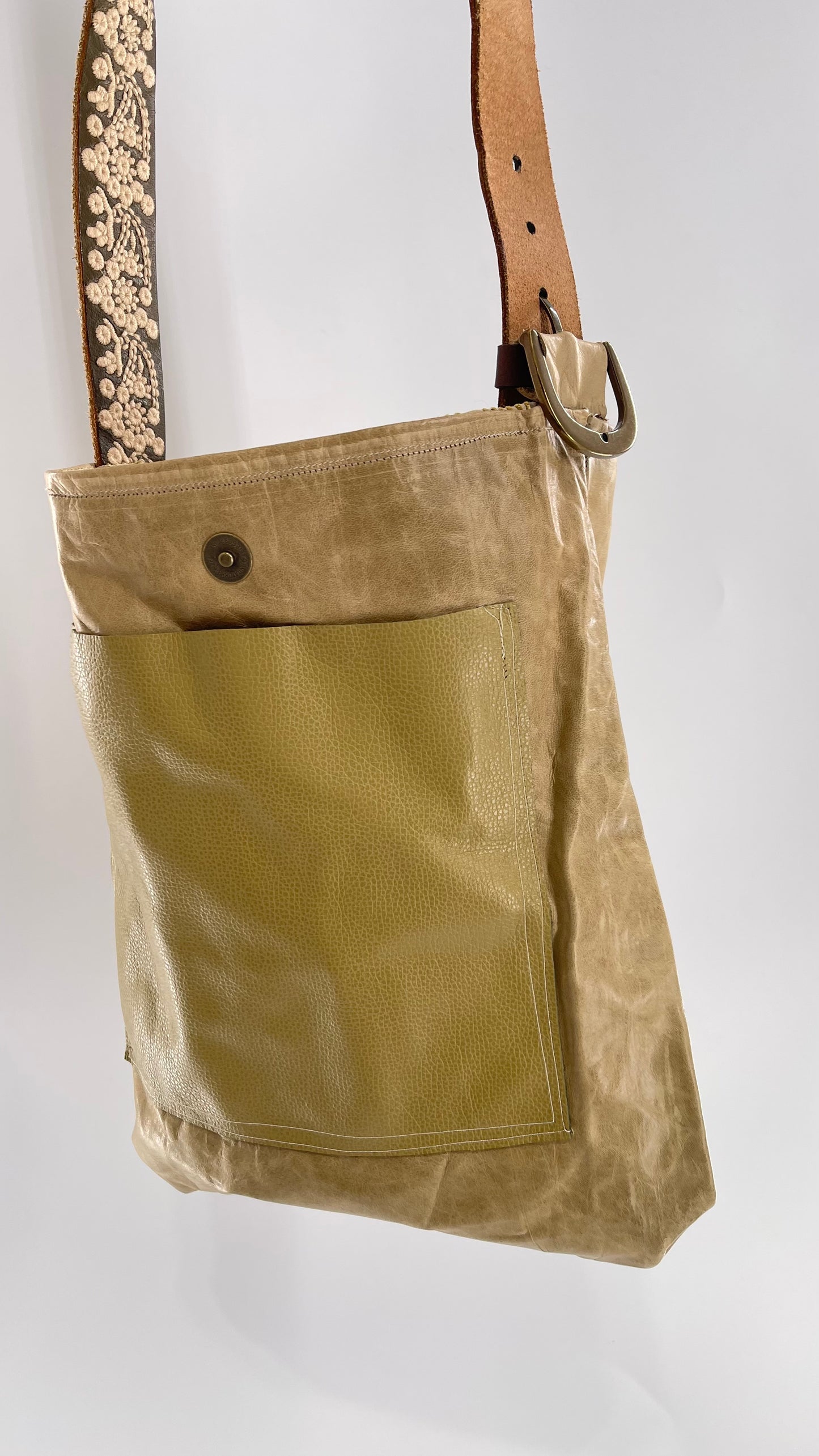 Tote with Embroidered Gold Exterior, Embroidered Leather Strap and Leather Interior - Shown Reversed
