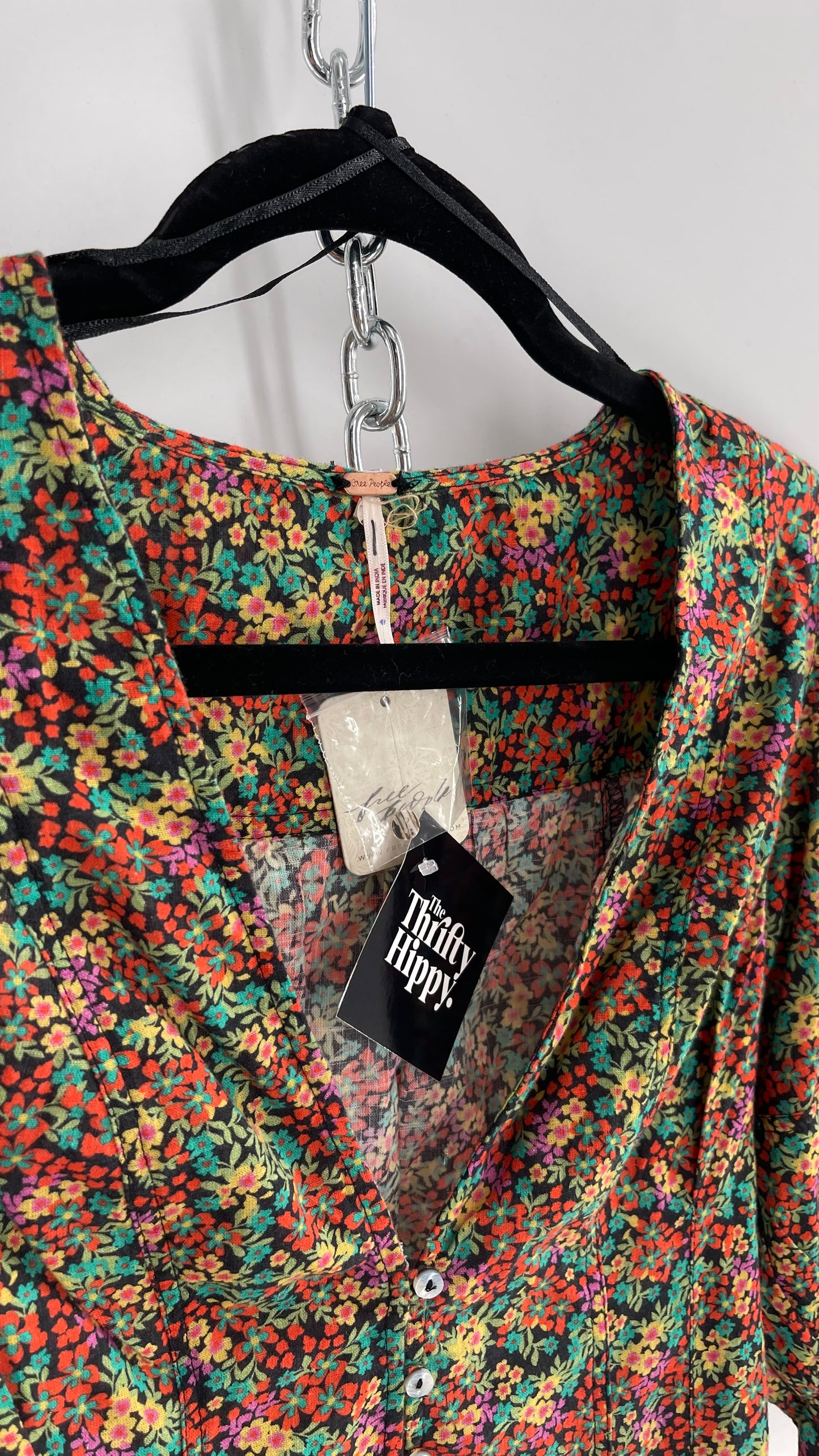 Free People 100% Cotton Colorful Florals Blouse with Deep V, Puff Sleeves, Button Front, and Tags Attached (Small)