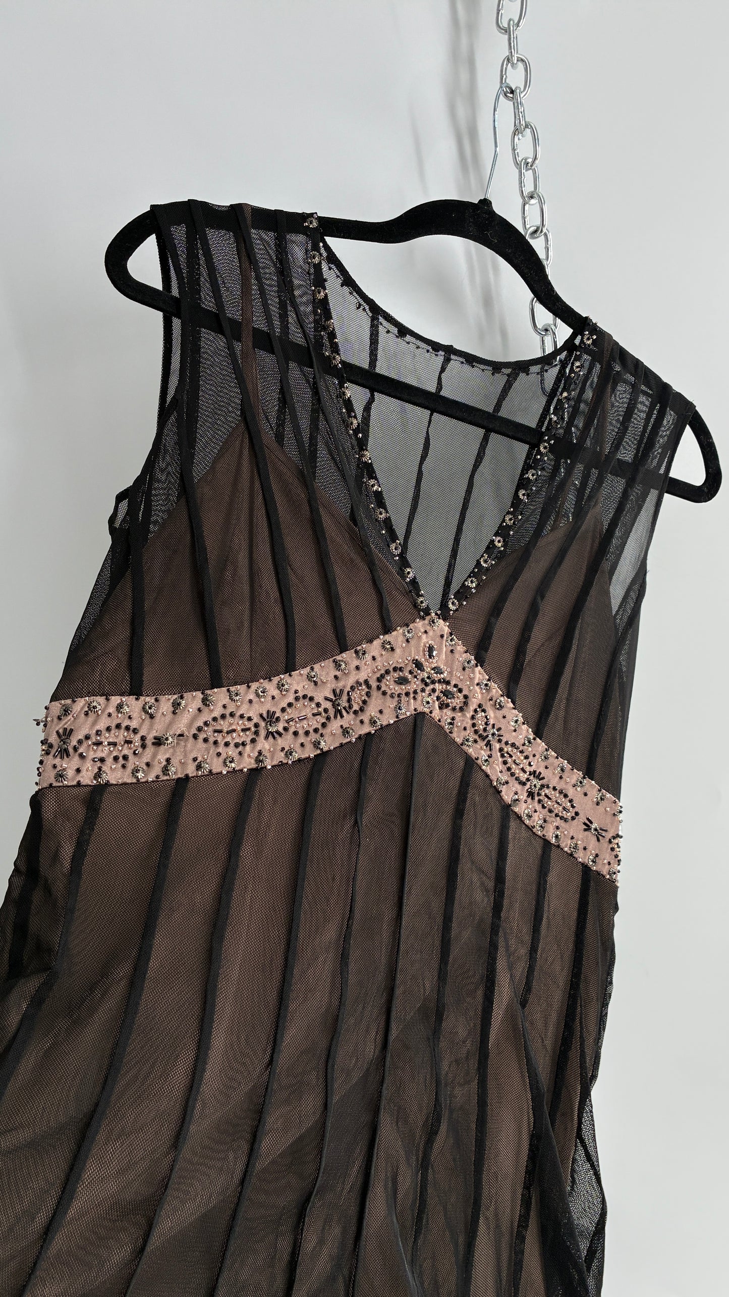 ECI NEW YORK Nude Camisole Dress with Black Mesh Overlay and Beaded Details (8)