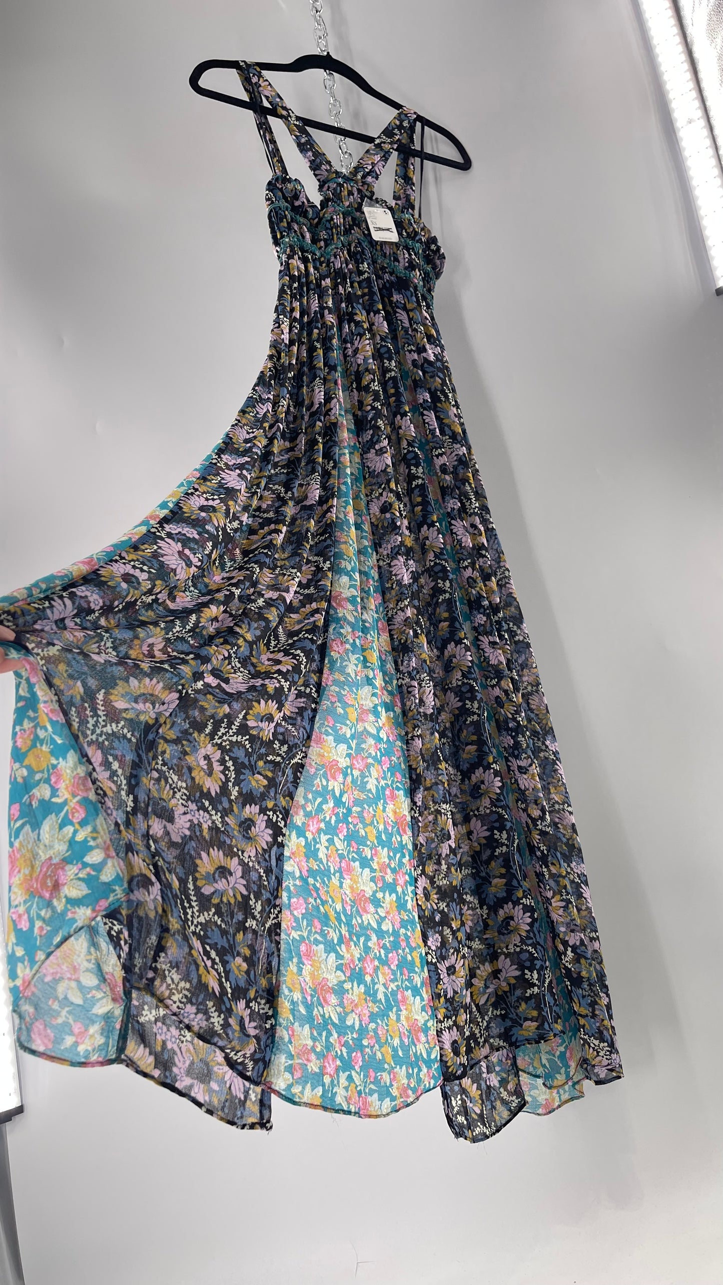 Intimately Free People Black and Teal Mixed Pattern Floral Maxi Dress with Tags Attached (XS)