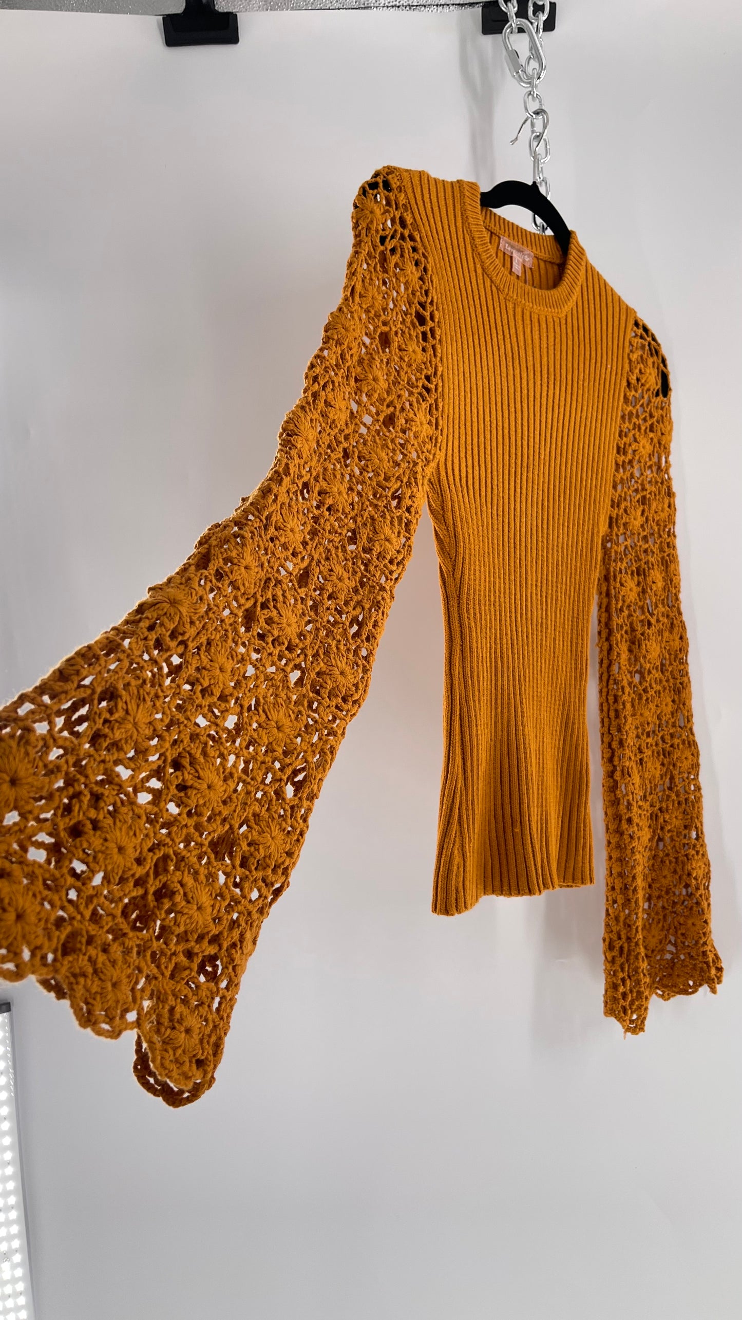 Love Colétte Mustard Sweater with Crochet Bell Sleeve (Large)
