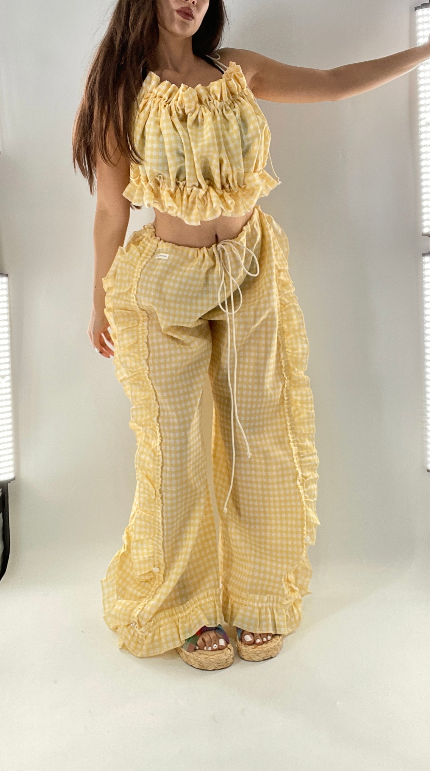 Vintage 2 Piece Yellow Checkered/Gingham Patterned Picnic Set with Ruched Bust Top and Ruffle Side Wide Legs with Adjustable Length, Strap Up Buttons on Hem (One Size)