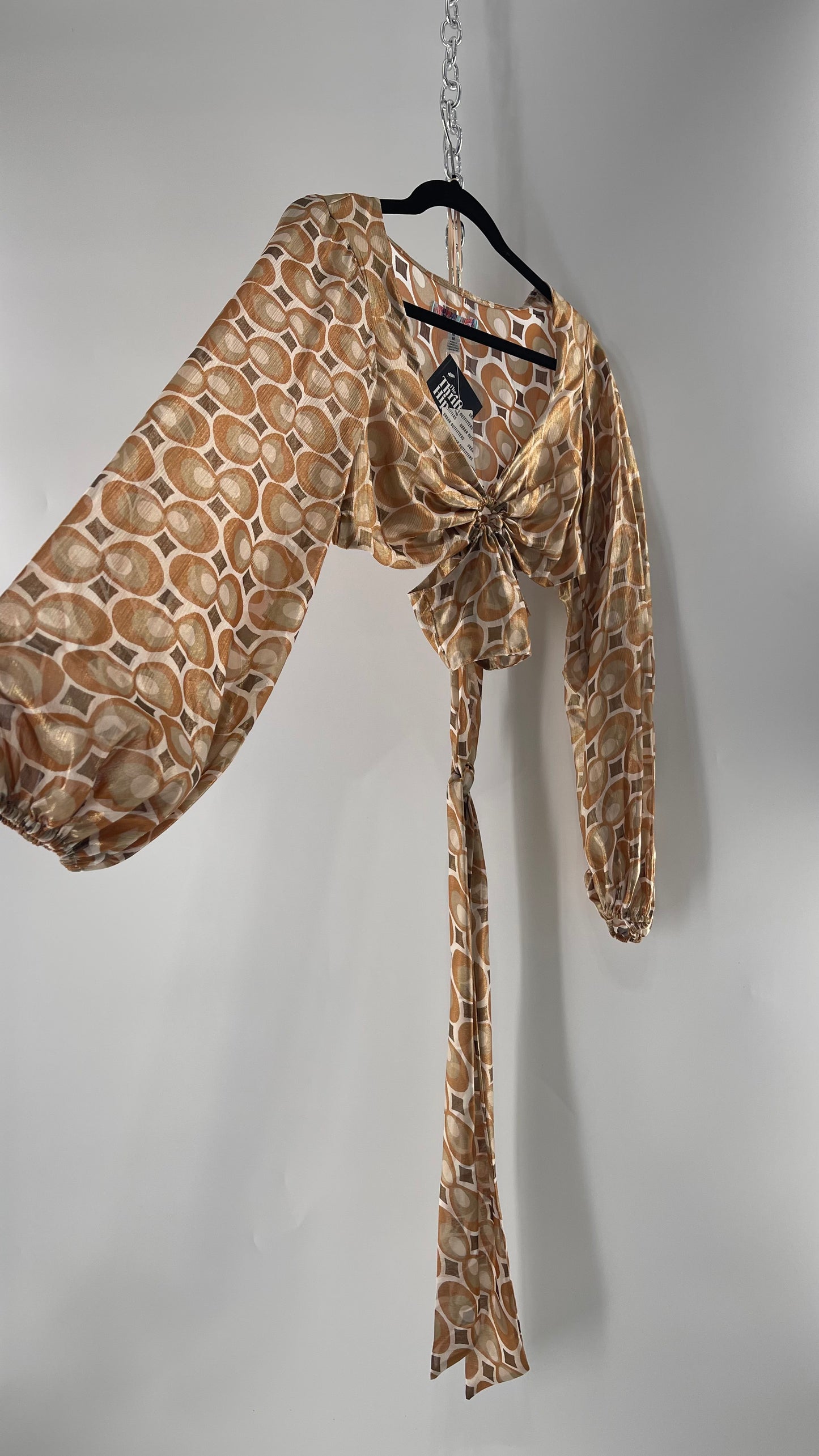 Urban Outfitters Shimmer Top Balloon Sleeve Gold Retro Print Cut Out Tie Around Blouse (Medium)