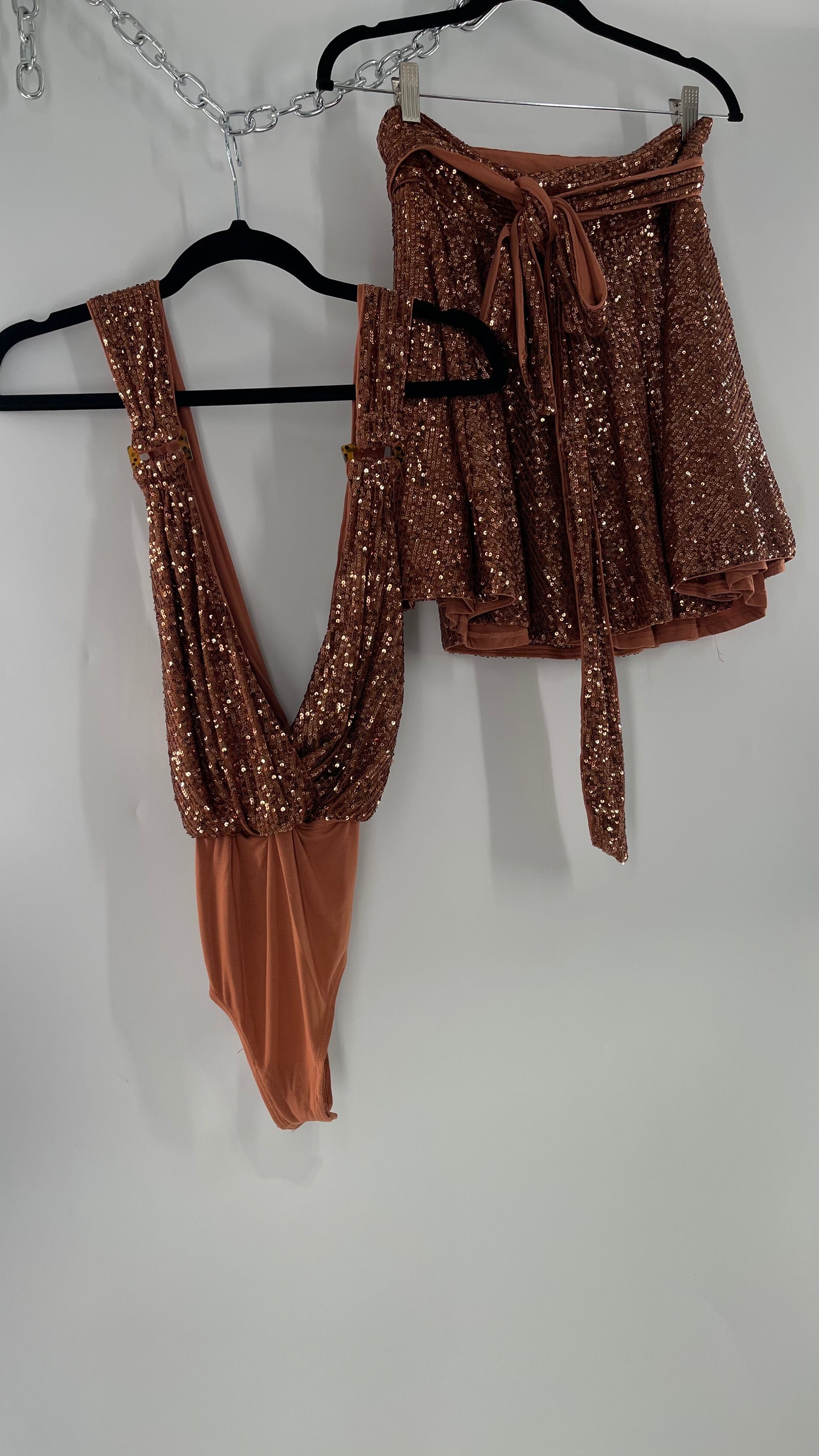 Free People Bronze Sequin 2Piece Set with Wrap Around Skirt and Bodysuit (XS body, S Skirt)