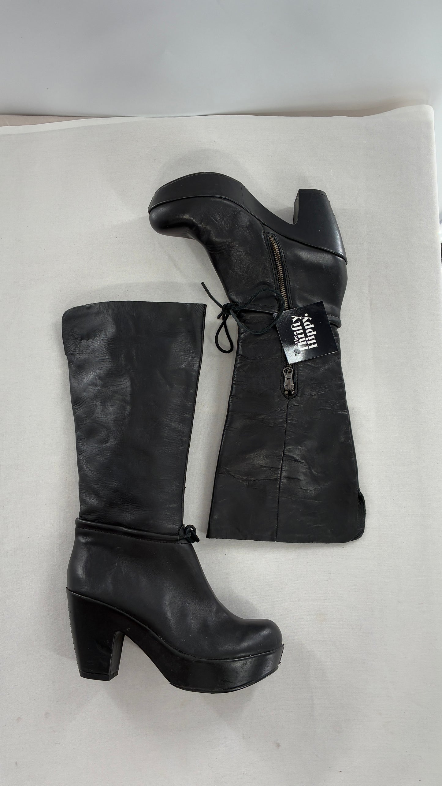 Vintage KORK EASE Black Genuine Leather Platform Clog, Knee High Boots (8/39)