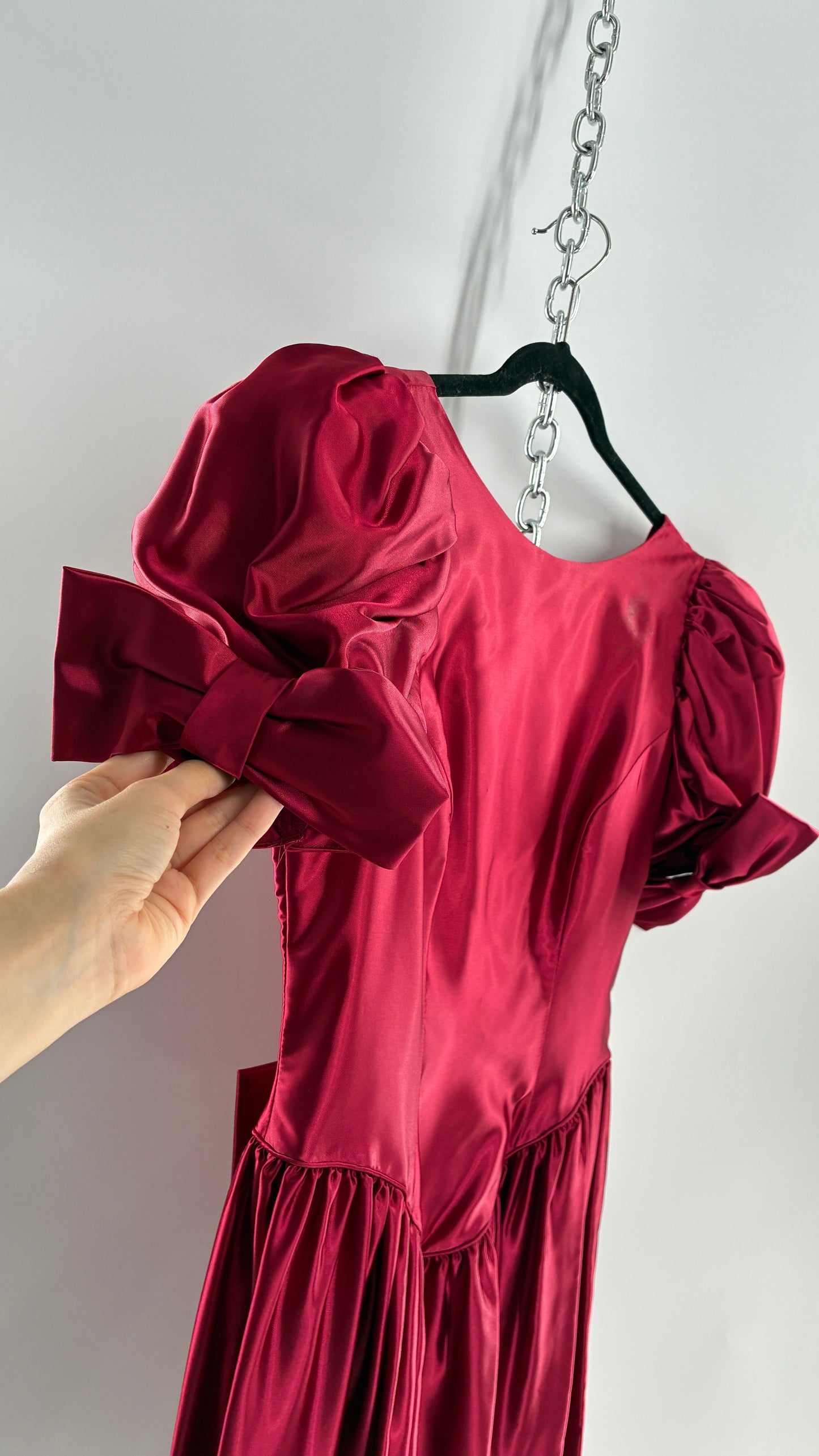 Vintage Red Silky Satin Corset Style Dress with Sweetheart Neckline, Puff Sleeves, Oversized Bow Bum, Open Back and Draping Pearls (10P)