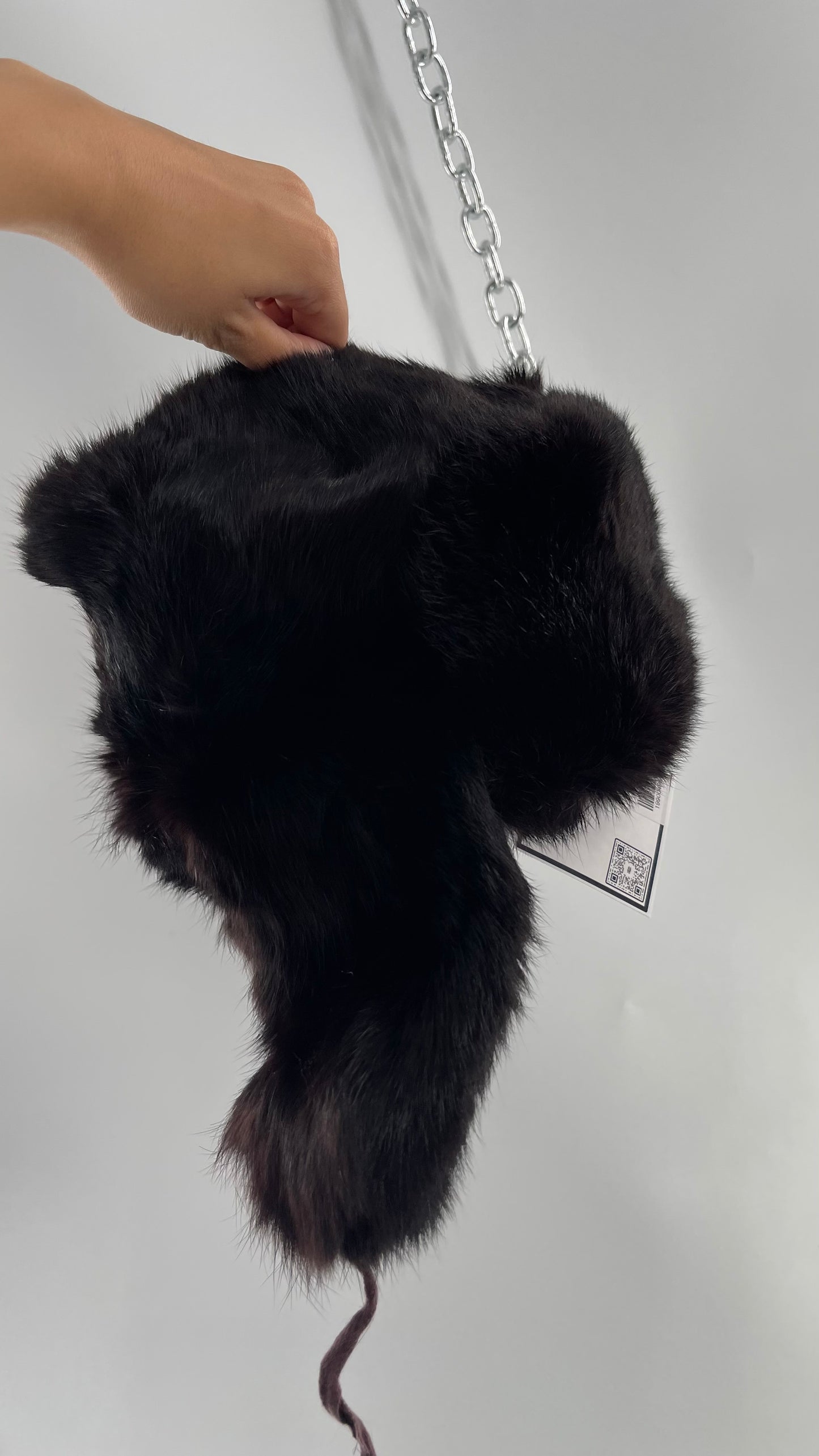 Vintage Russian Black Genuine Rabbit Fur Roller Hat with Pull Down Ear Muff Flaps