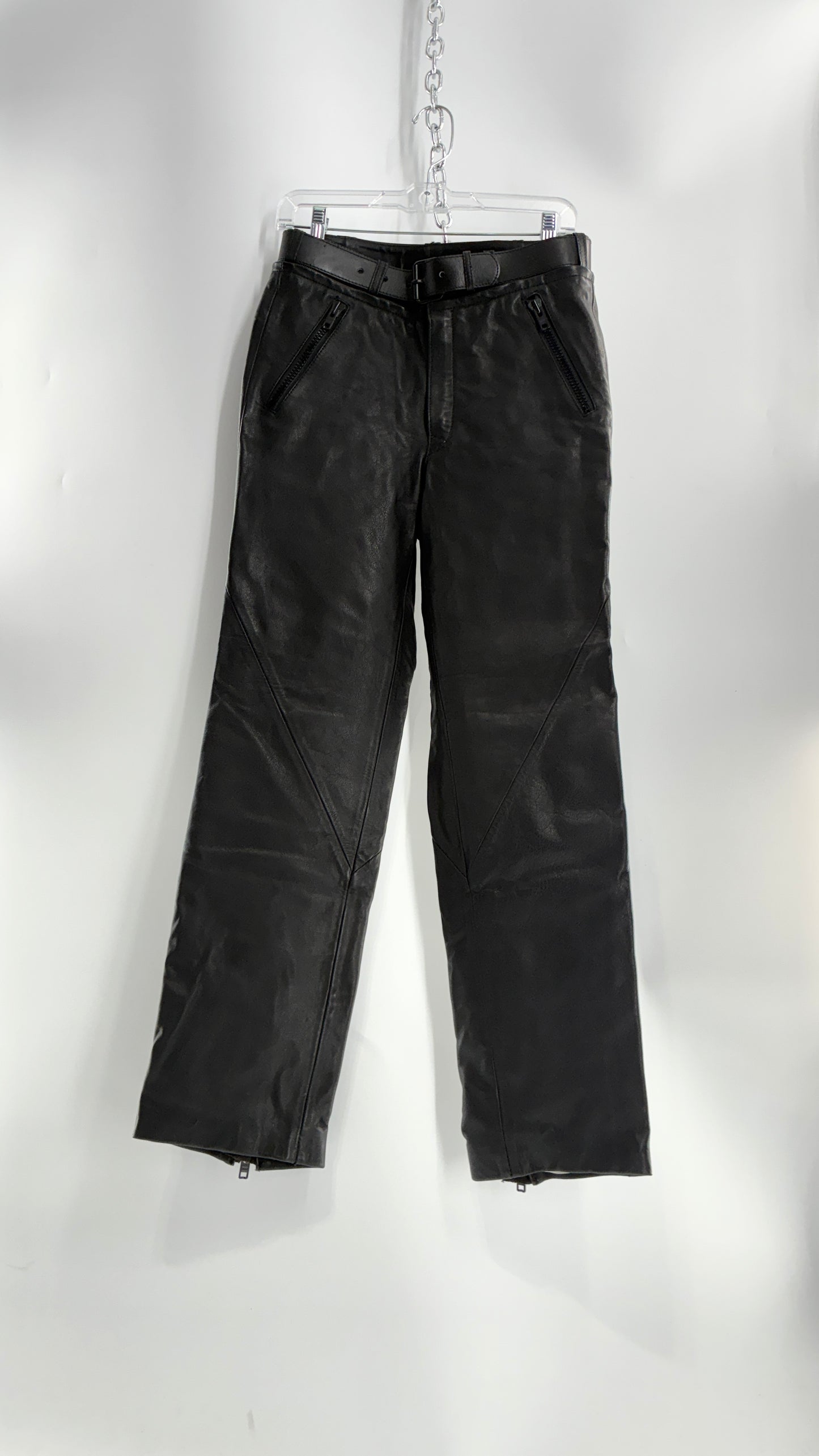 Vintage Black Italian Leather Motorcycyle Pants with Built In Belt and Zipper Detailing (XS)