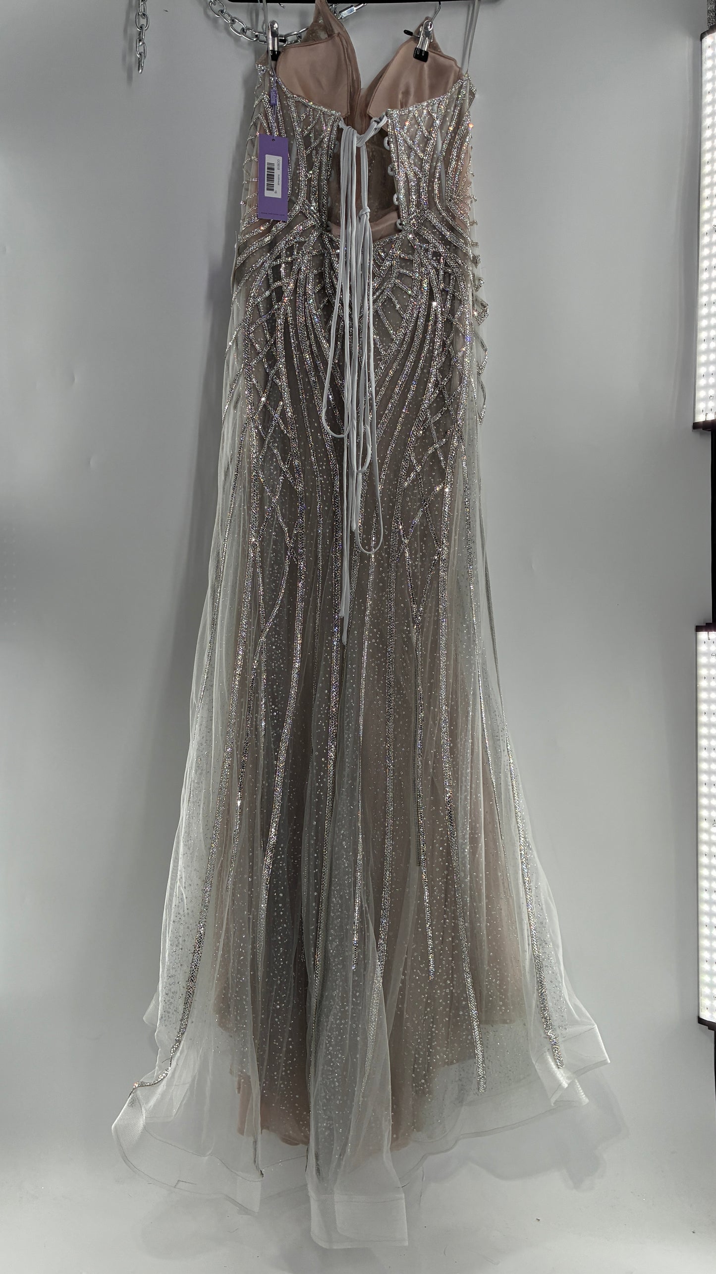 NWT LADIVINE by Cinderella Divine Silver Nude CC6018 Mermaid Corseted Gown with Multiple Layers of Tulle, Covered in Crystal Strips (16)