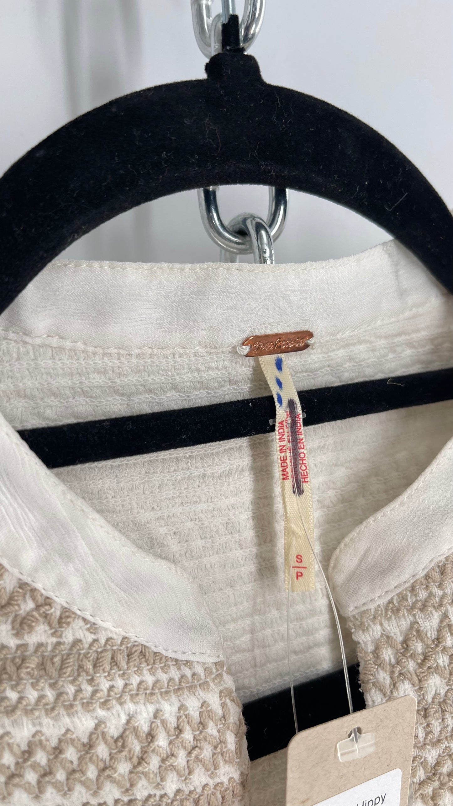 Free People Off White Draped Sleeve Button Front Embroidered Neckline Blouse with Tags Attached (Small)