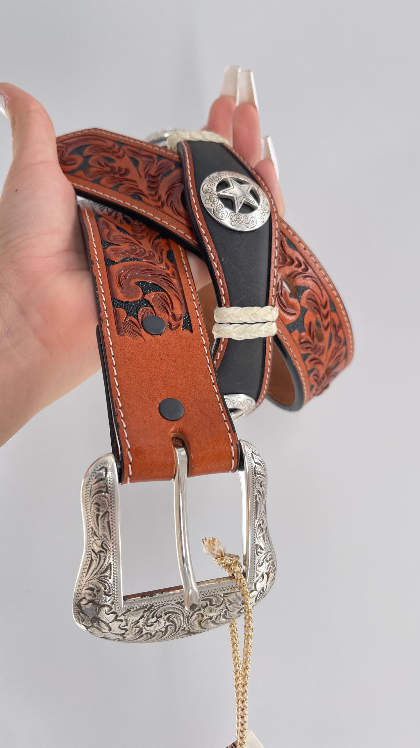 Vintage Ranger Belt Company Genuine Handtooled Leather Metal Stars Embellishments (36)