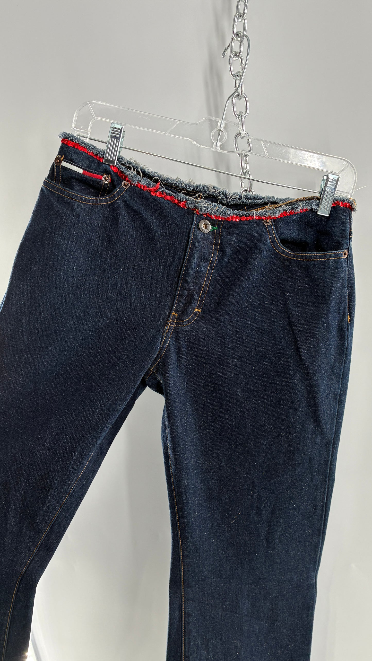 Vintage Tommy Hilfiger Low Rise Jeans with Frayed Waist Lined in Red Sequins (7)