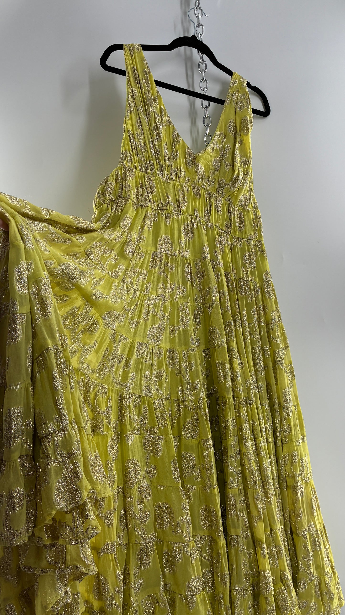 LET ME BE Lime Yellow/Green Ultra Voluminous Tiered Dress with Gold Metallic Jacquard Appliqué Pattern (XL)