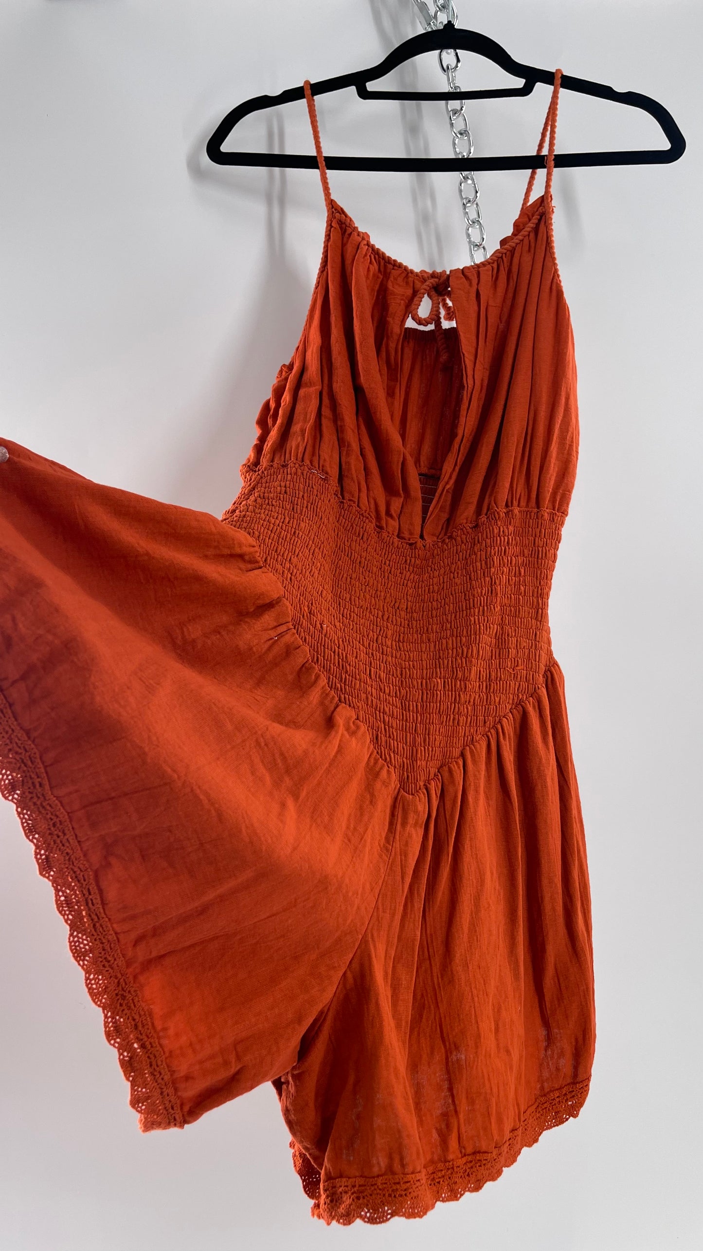 Free People Burnt Orange Smocked Pointed Waistline, Open Bust Jen’s Pirate Booty Romper Tags Attached 100% Cotton(XL)
