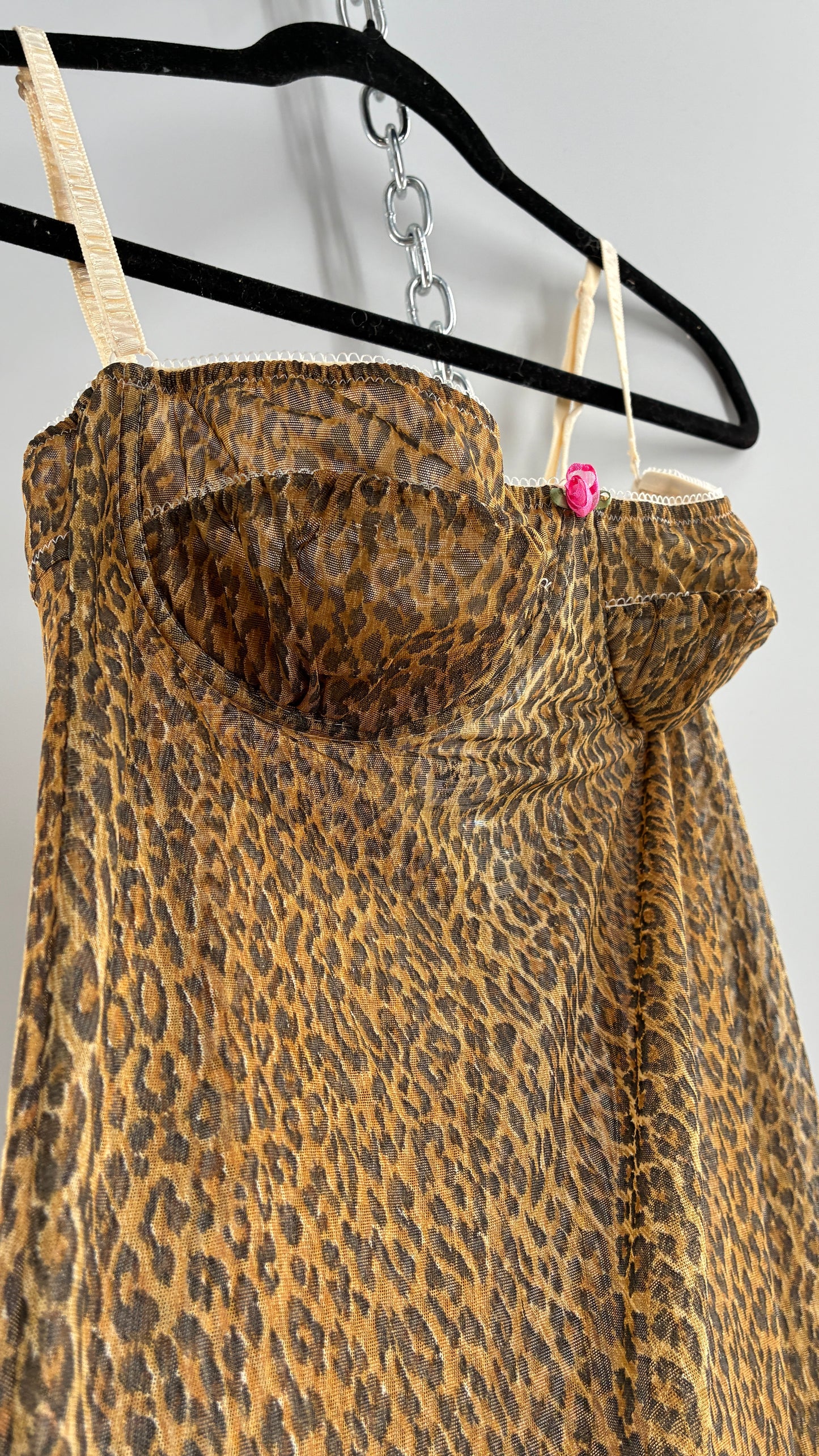 Vintage 1990s Dolce & Gabanna Cheetah Mesh Babydoll Camisole with Underwire Ruched Bust, Rosette and Branded Appliqué Tag (Large)