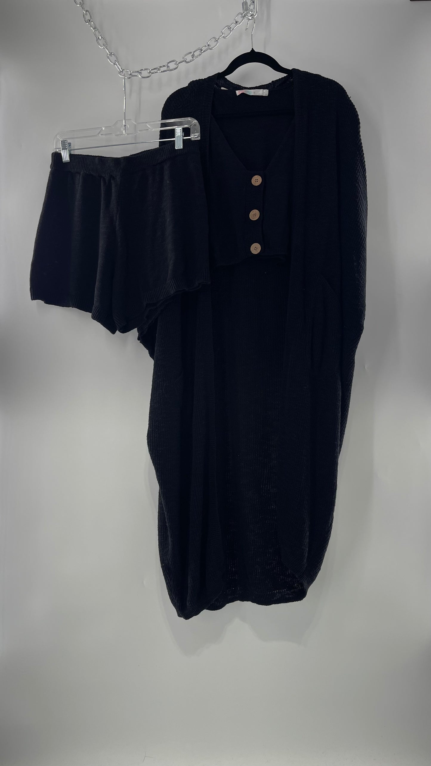 Free People Kai 3 piece Black Knit Cardigan, Tank, Shorts Set with Extra Button Never Worn (Medium)