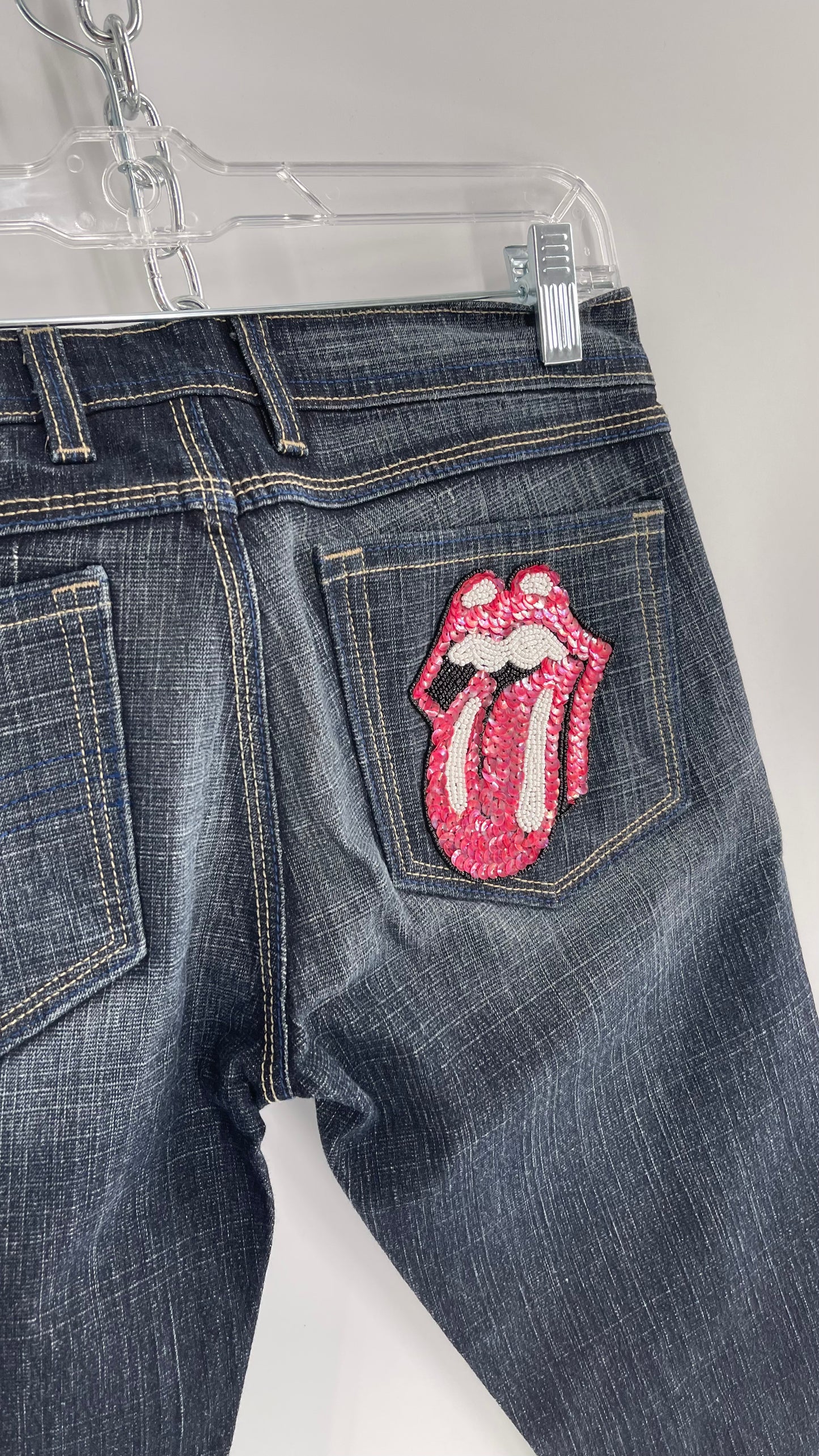 Vintage Smart AS JEANS Dark Wash with Grain and Embroidered/Embellished Kiss Rock Logo (28)