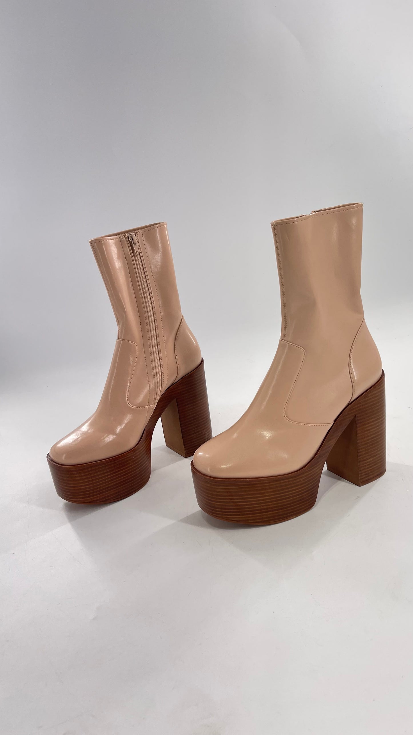 Free People X Jeffrey Campbell Mexique GoGo Boots • Beige Patent Boot with Wood Grain Chunky Block Heel and Platform (9)