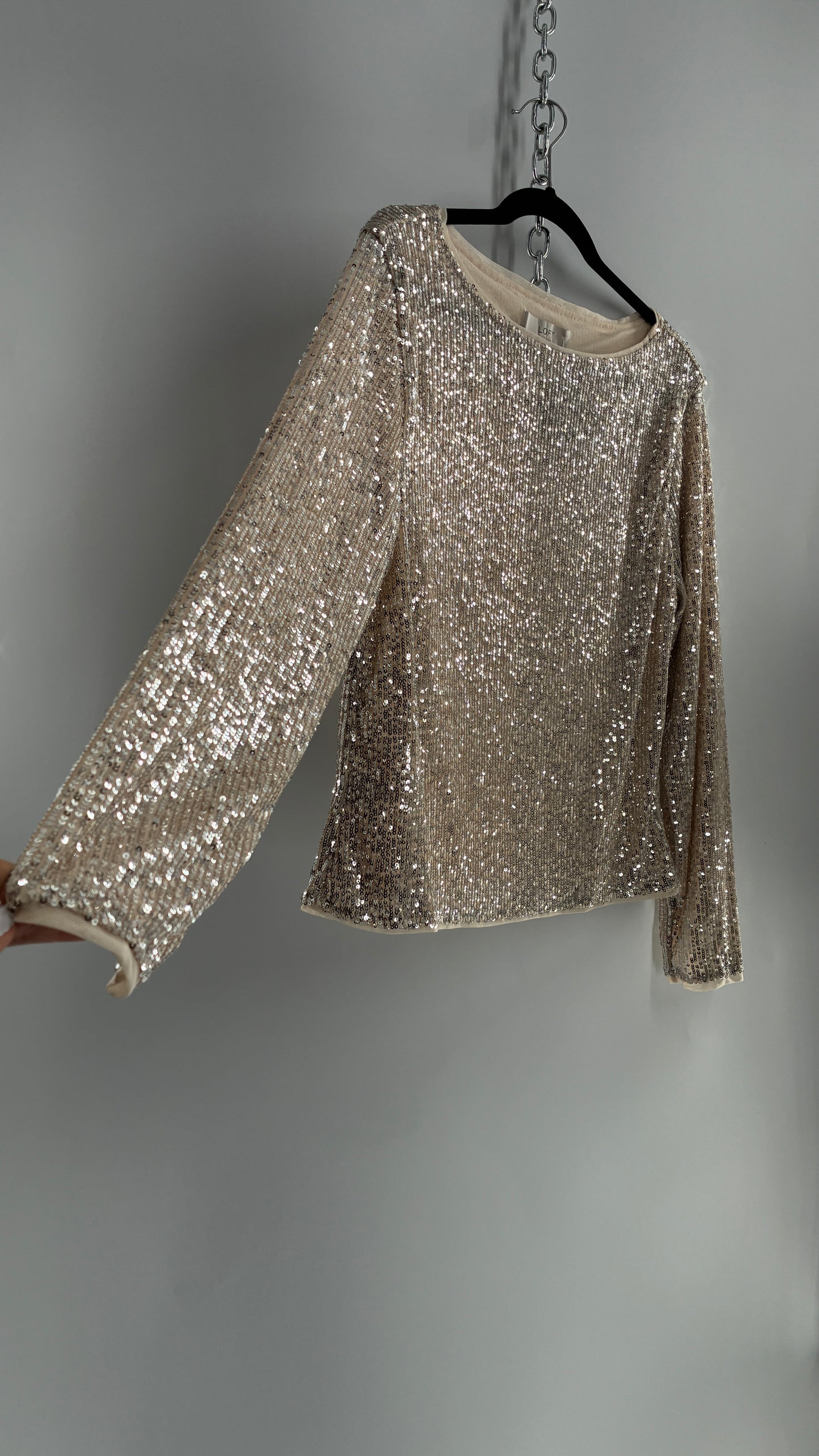 LOFT LOFT Champagne Sequin Long Sleeve Blouse with Tags Attached (XL)