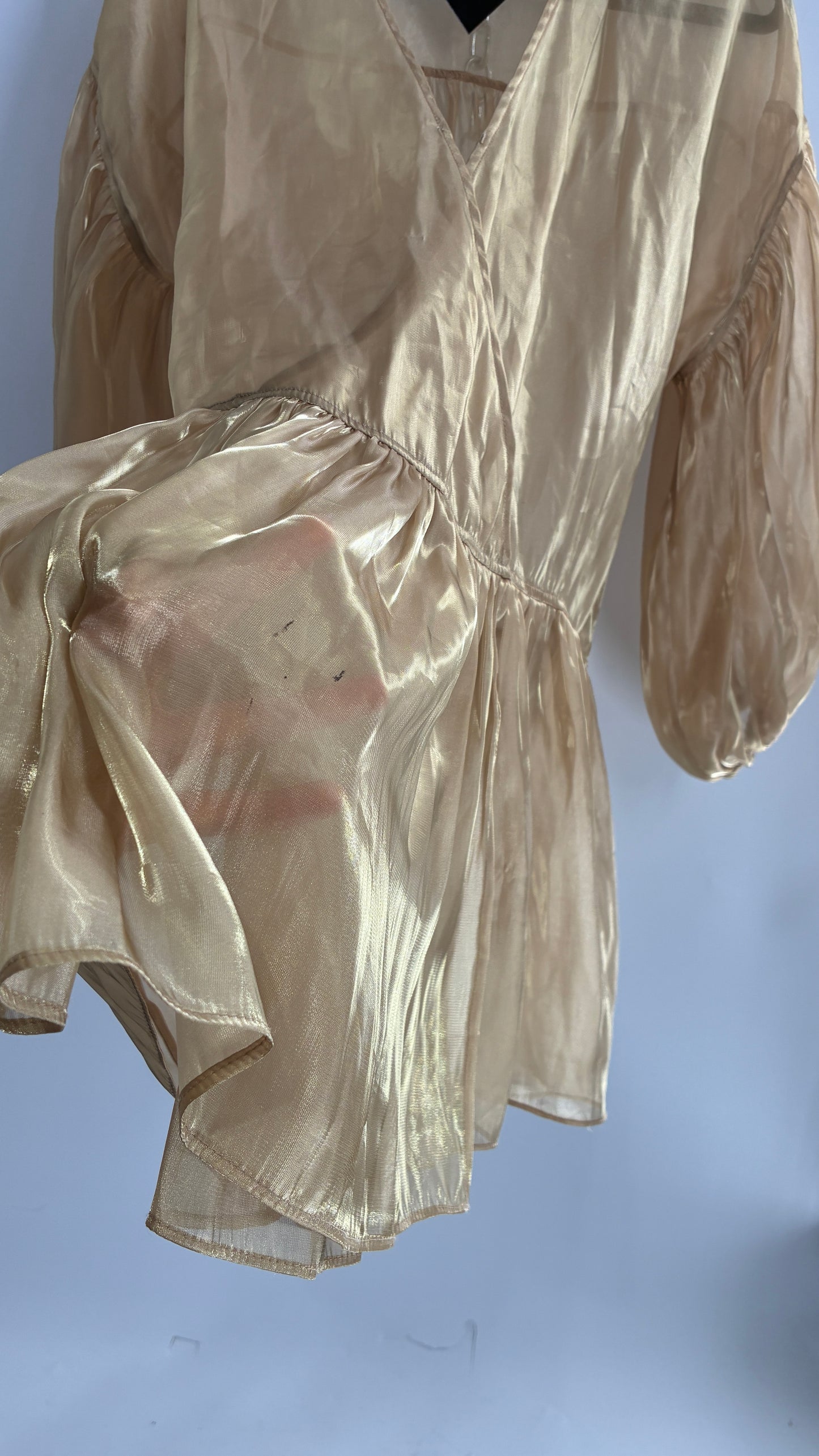 Free People Gold Voile Organza Drop Waist Bubble Sleeve Dress (Medium)