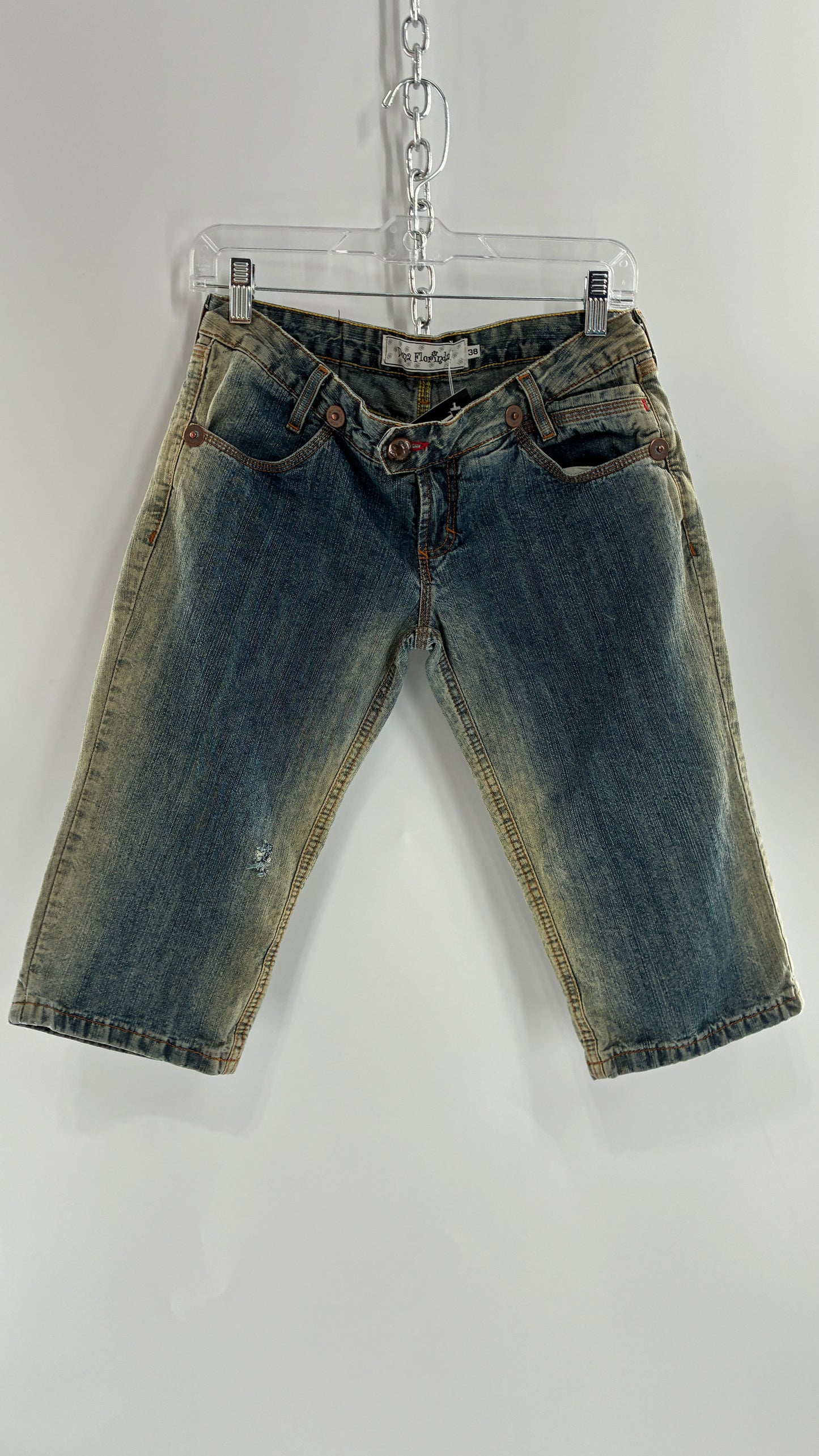 Rare Vintage DONA FLORINDA RIOT GIRLS Faded Wash Denim with Heavy Metal Jacron and Embroidery (38)