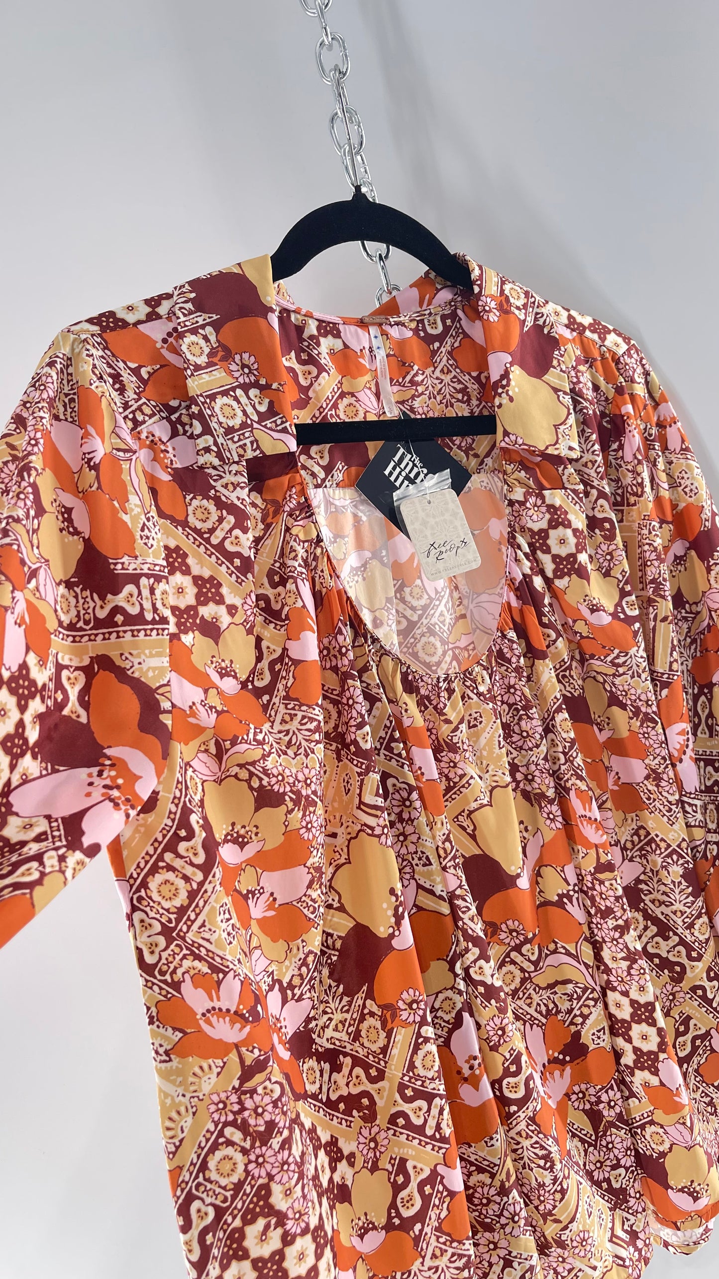 Free People All Over Mixed Warm Toned Satin Blouse with Pleated/Draping Neckline and Collar, Tags Attached (Small)