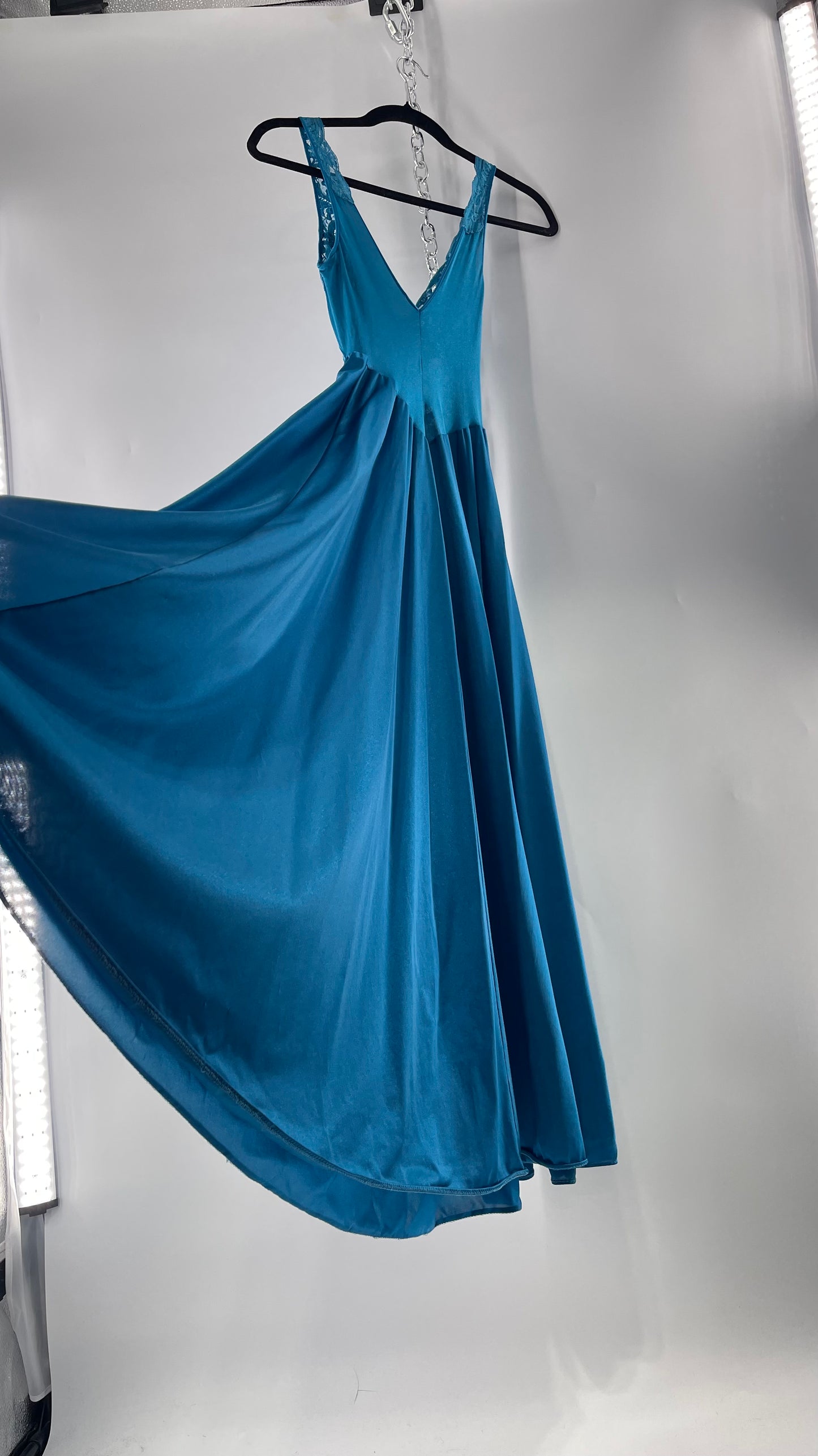 Vintage Olga Intimates Floor Length Voluminous Blue Jewel Toned Maxi Dress/Night Gown with Lace Bust (Small)