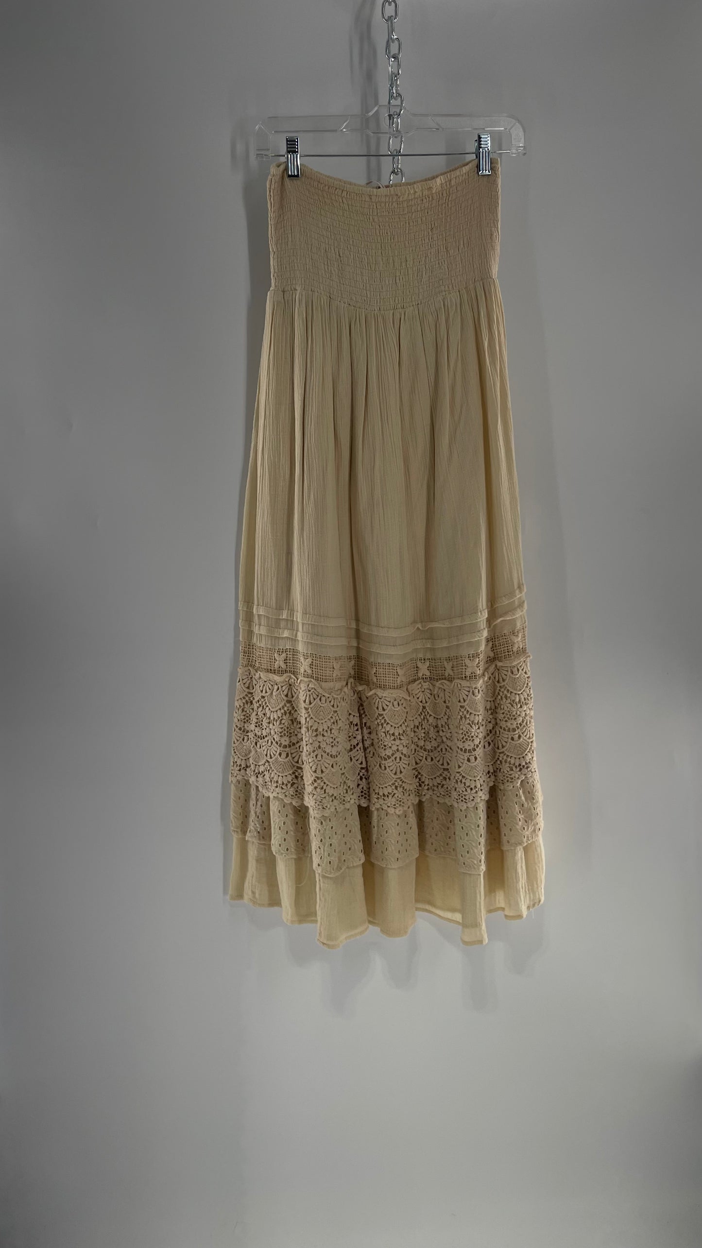 Free People Beige Gauze/Cotton Full Length Skirt Lined with Lace (XS)
