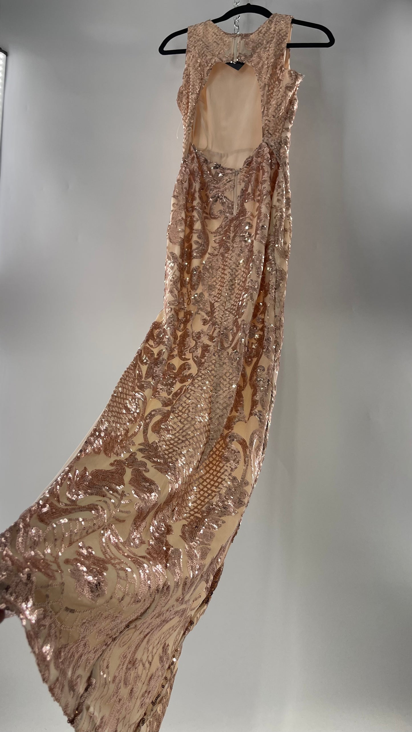 Windsor Rose Gold Sequin Maxi Dress with Side Slit Detail and Open Back (Small)