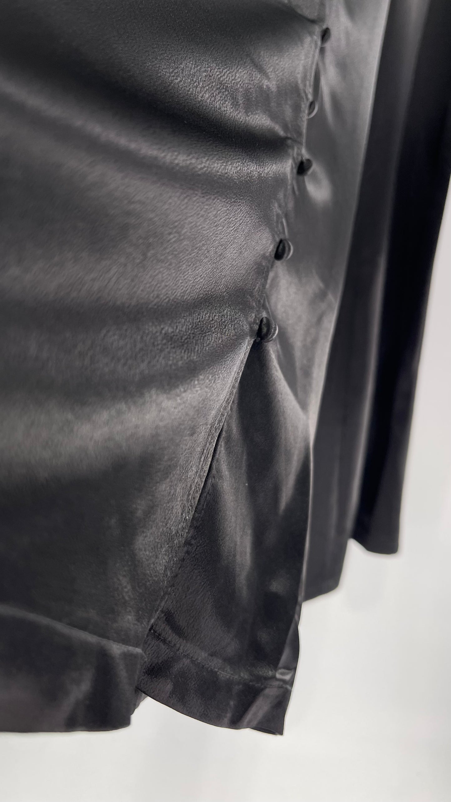 WHY Sultry Steps Black Satin Wide Leg Trouser with Vertical Strip of Satin Buttons (Medium)