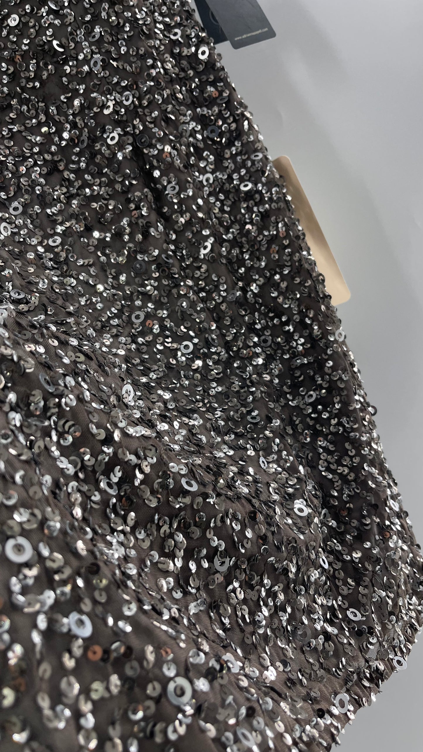 Adriana Papell Grey/Silver Short Sleeve Mini Dress Covered in Beads and Sequins (6)